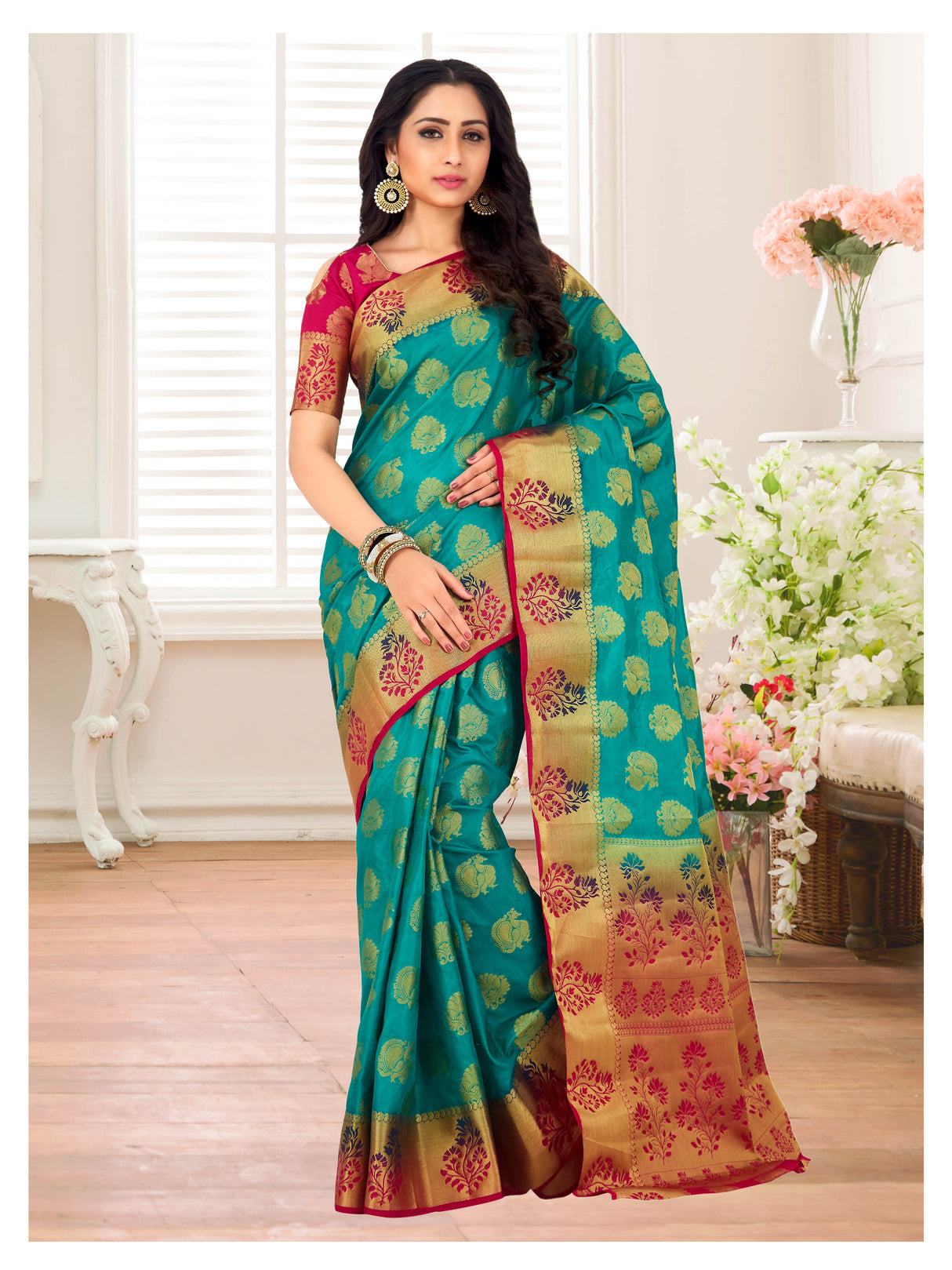 Mimosa Womens Art Silk Saree Kanjivaram Rama Color