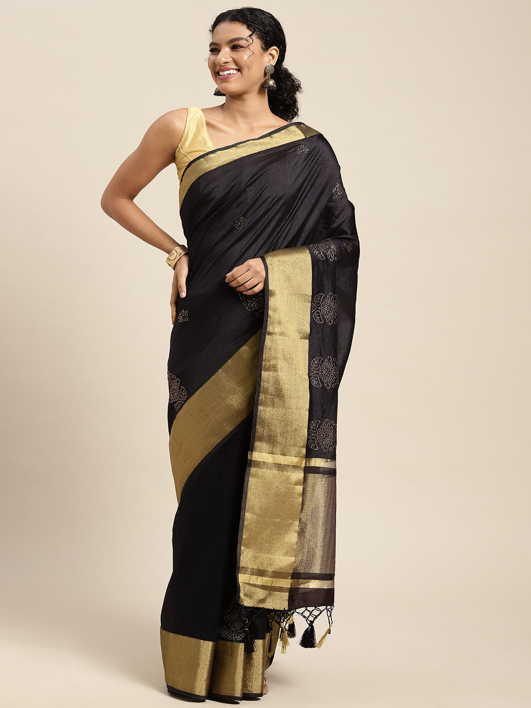 Mimosa Womens Art Silk Saree Kanjivaram Black Color