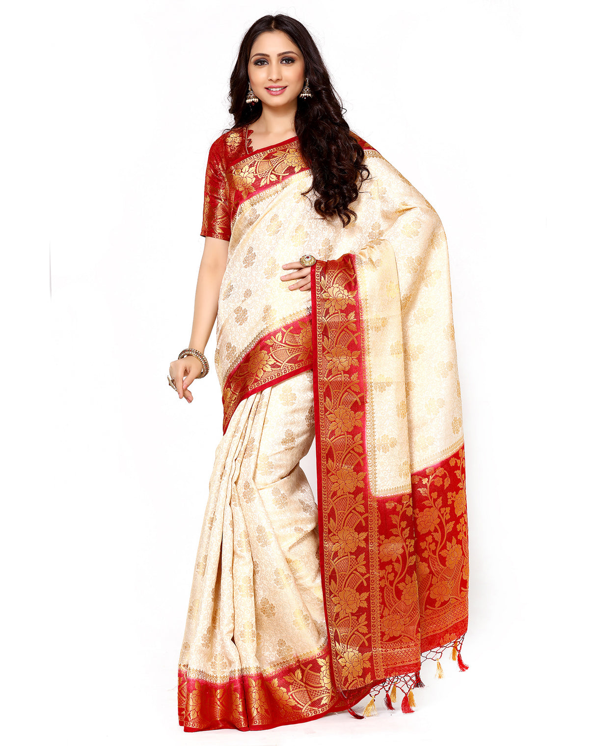 Mimosa Womens Art Silk Saree Kanjivaram Halfwhite Color