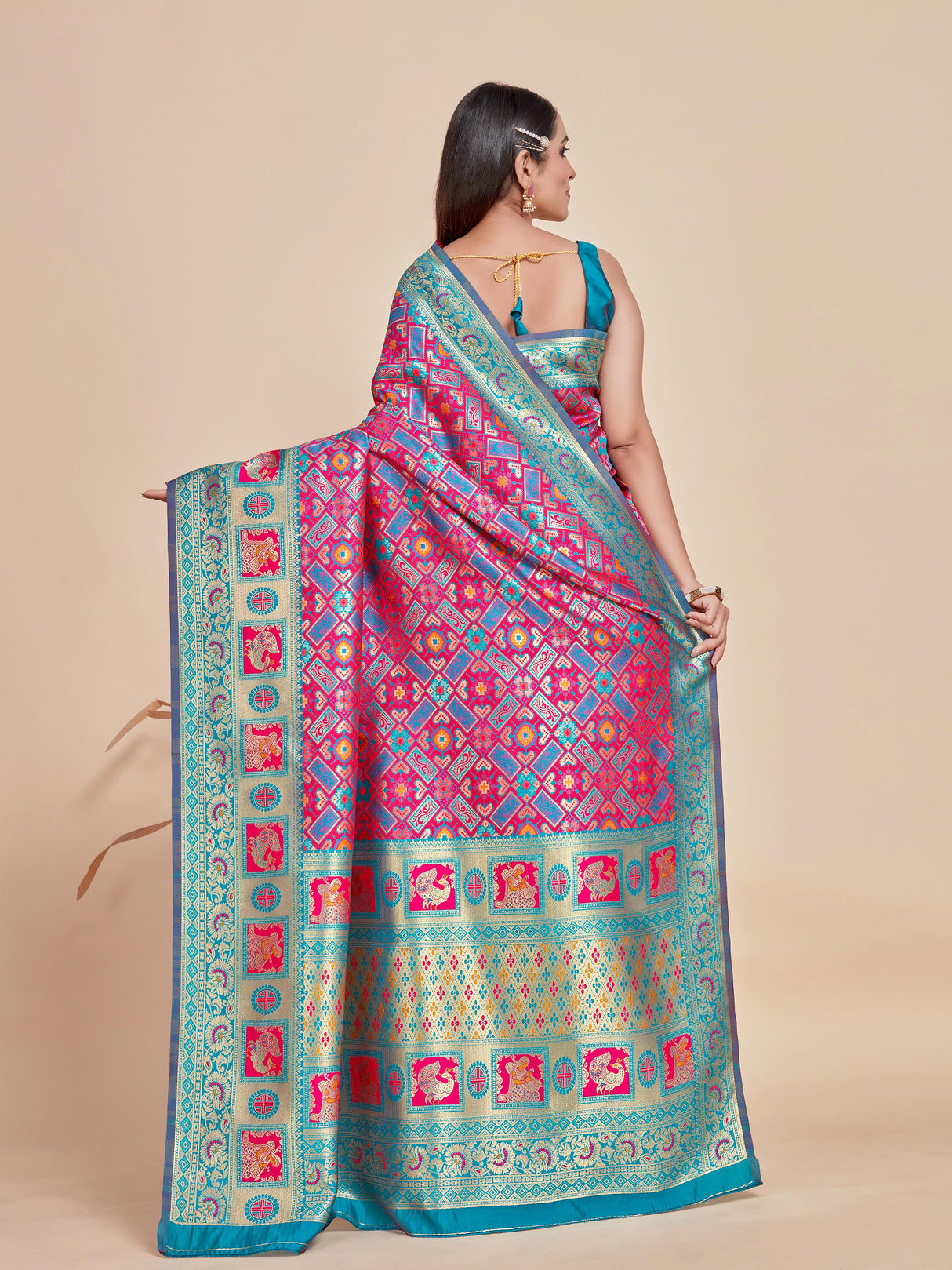 Mimosa Women's Woven Design Patola Style Art Silk Saree With Blouse Piece : SA00001344PNKFREE