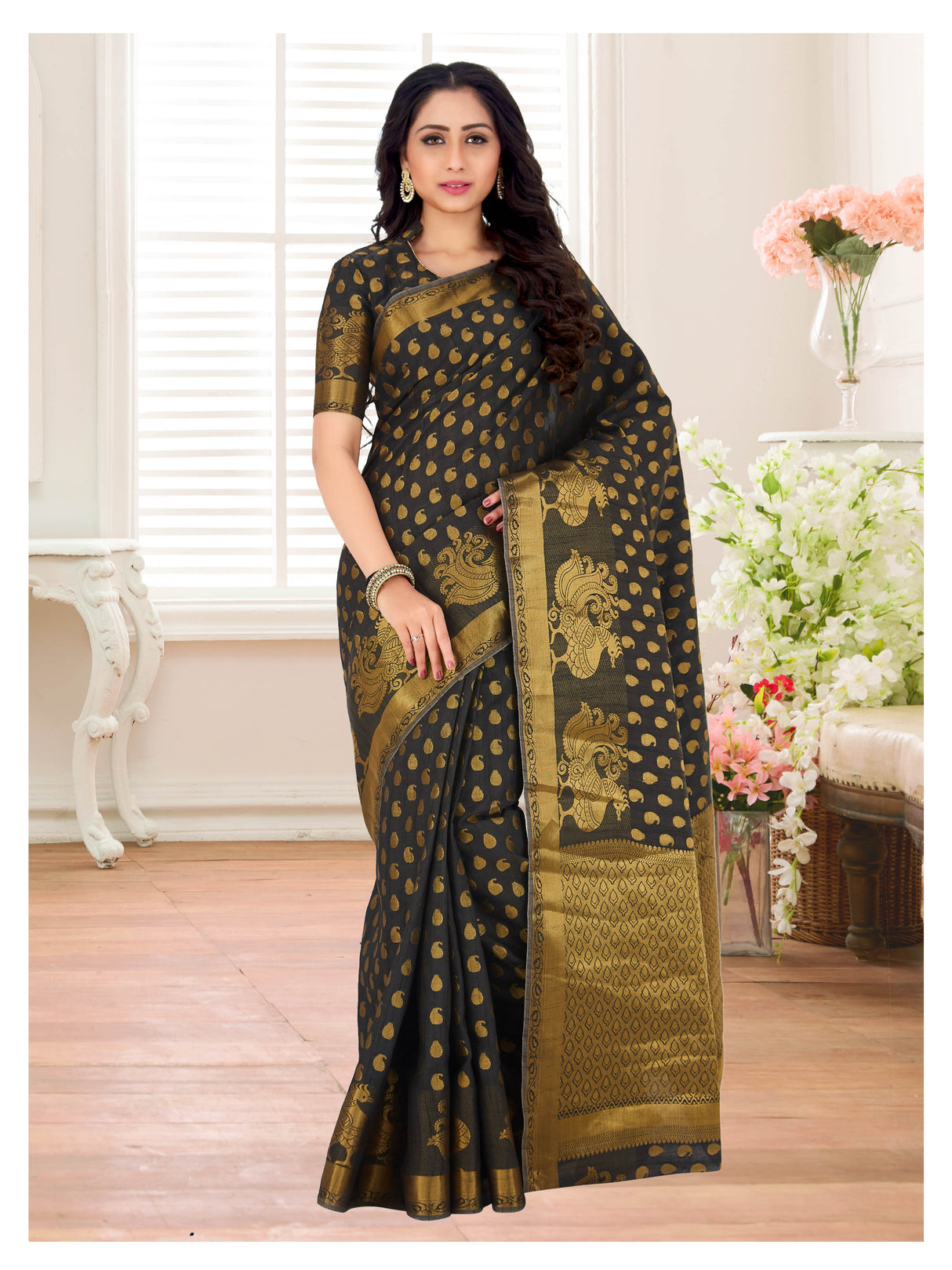 Mimosa Womens Art Silk Saree Kanjivaram Black Color
