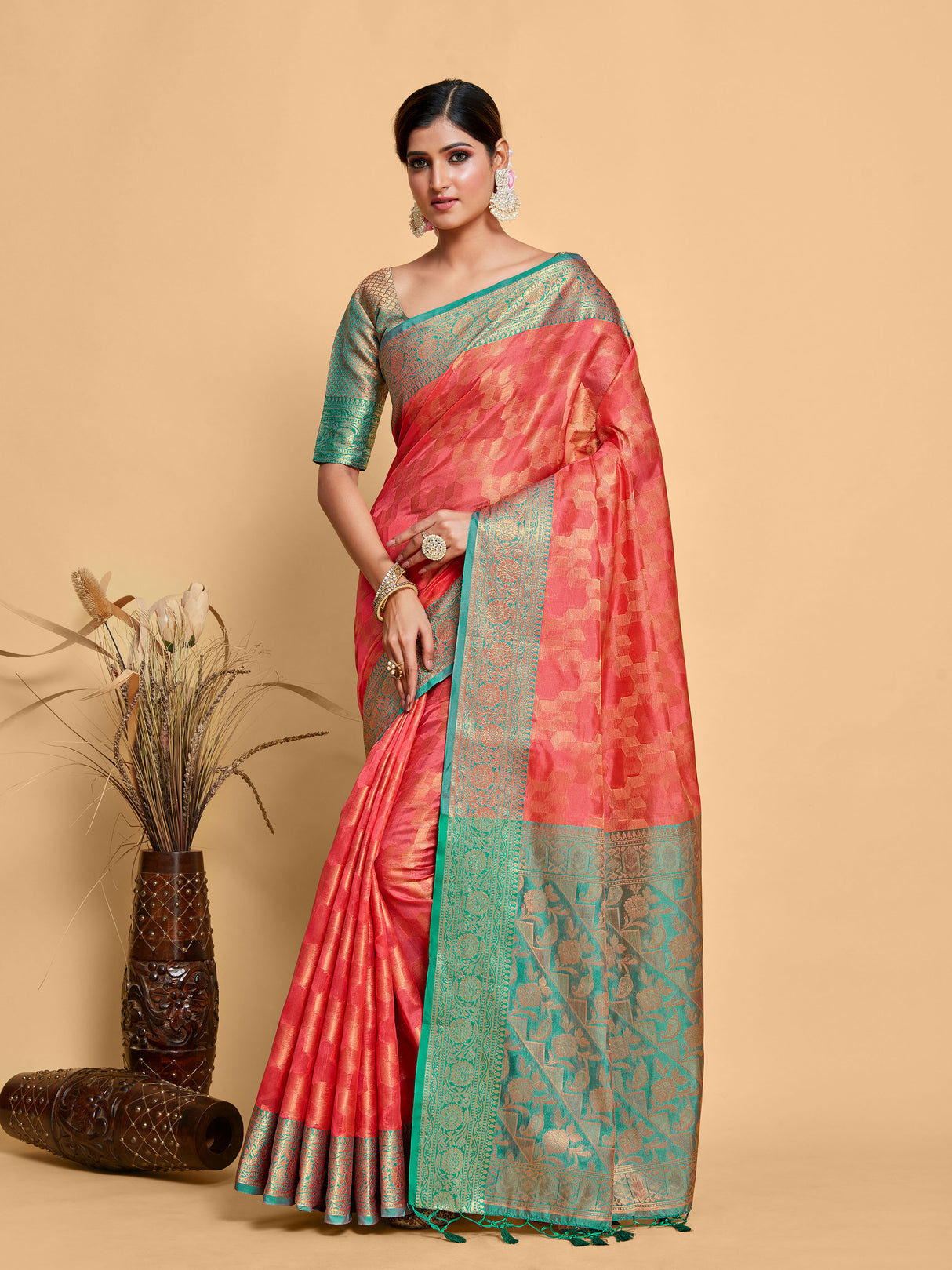 Mimosa Women's Woven Design Kanjivaram Art Silk Saree With Blouse Piece : SA00001228GJFREE