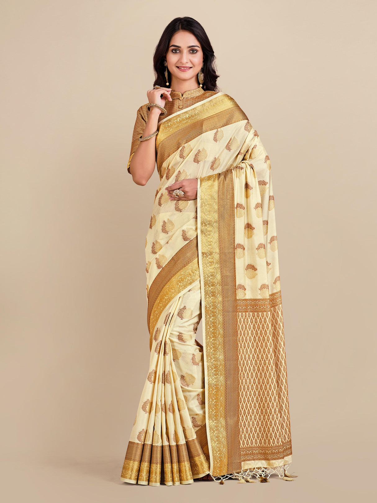 Mimosa Womens Art Silk Saree Kanjivaram Halfwhite Color