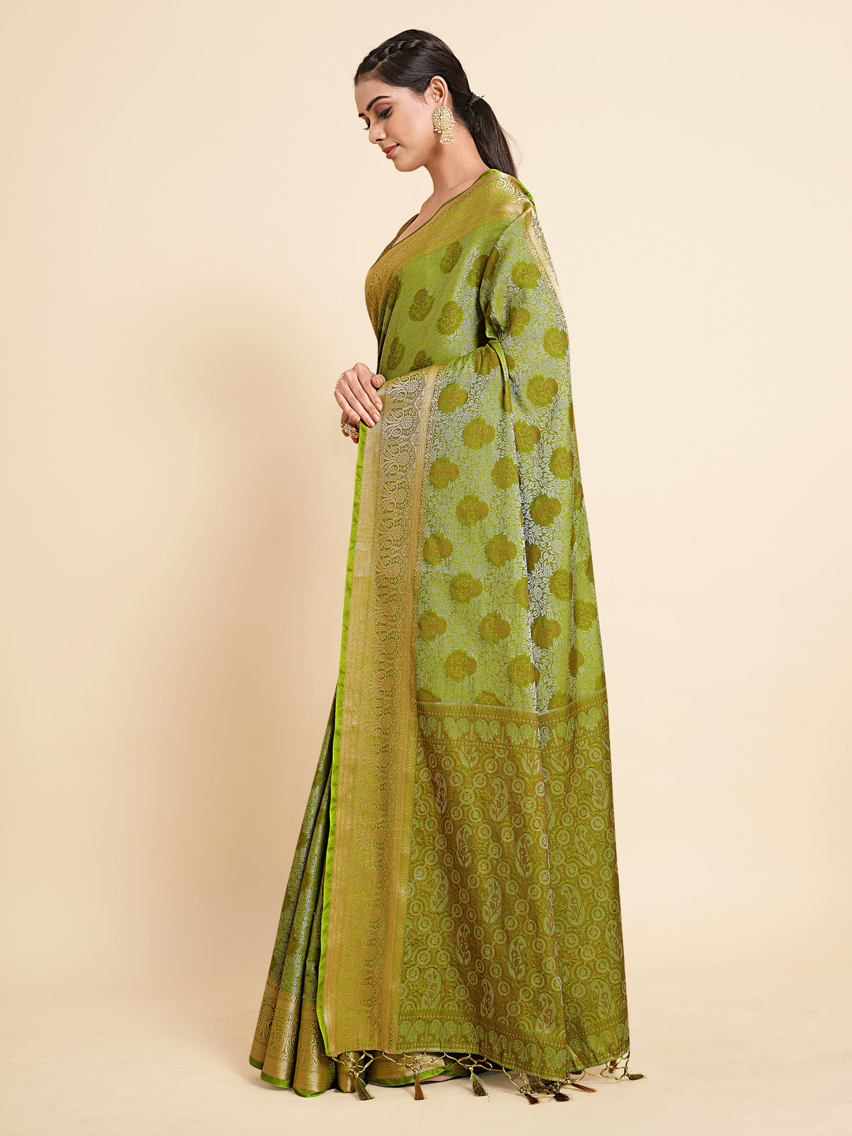 Mimosa Womens Art Silk Saree Kanjivaram Olive Color