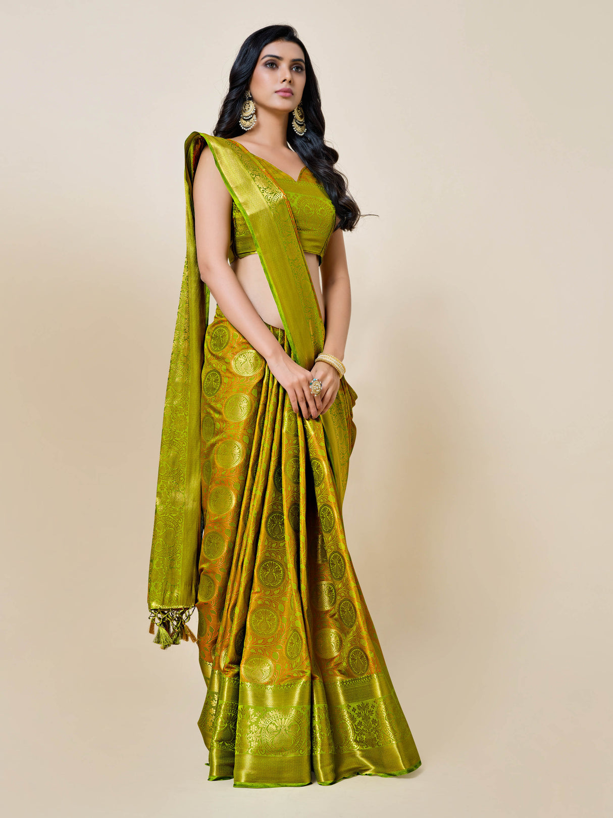 Mimosa Womens Art Silk Saree Kanjivaram Olive Color