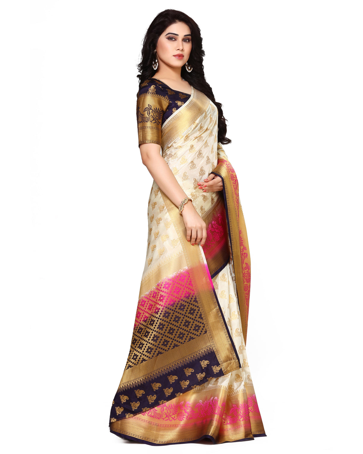 Mimosa Womens Art Silk Saree Kanjivaram Halfwhite Color