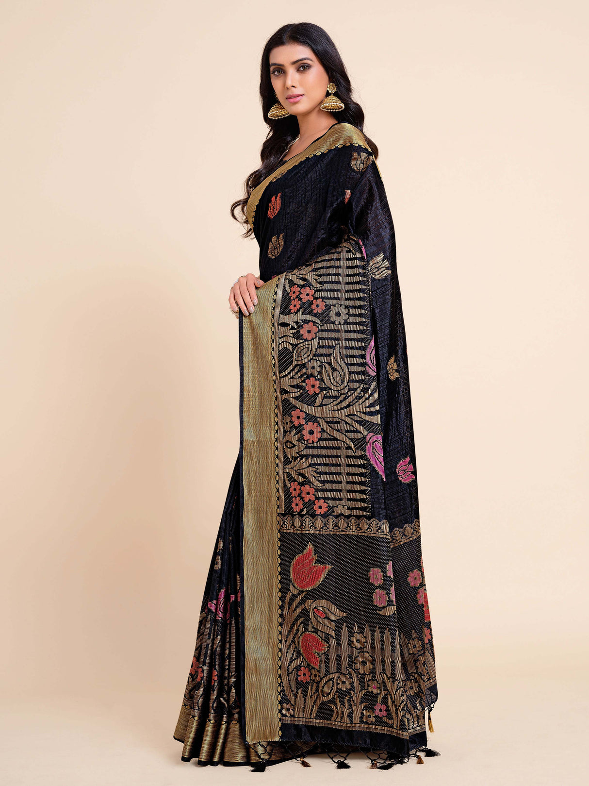 Mimosa Womens Art Silk Saree Kanjivaram style Black Color