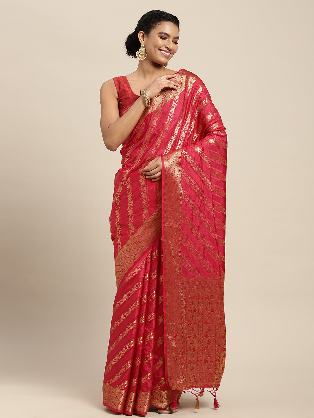 Mimosa Womens Art Silk Saree Kanjivaram Strawberry Color