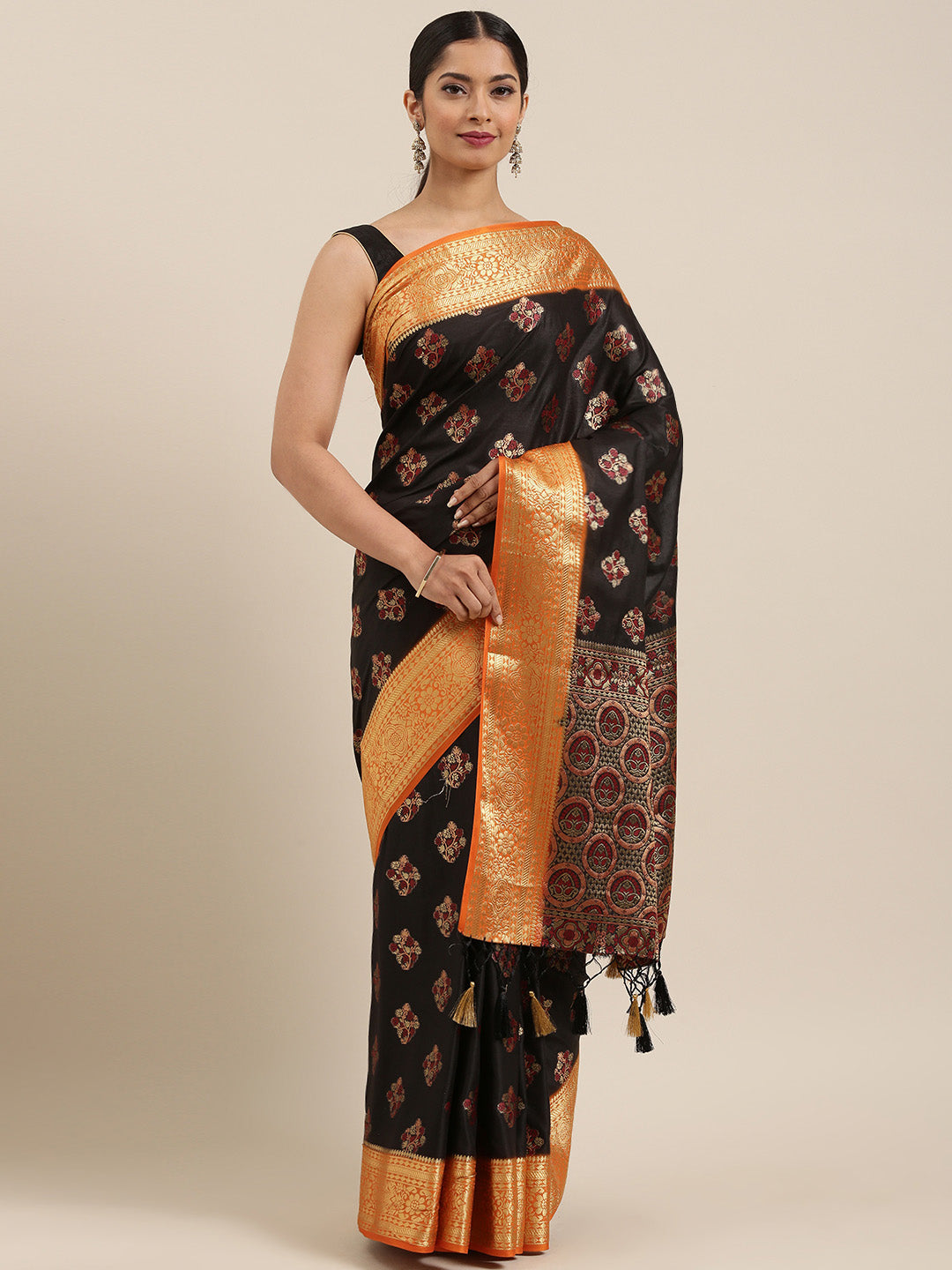 Mimosa Womens Art Silk Saree Kanjivaram Black Color