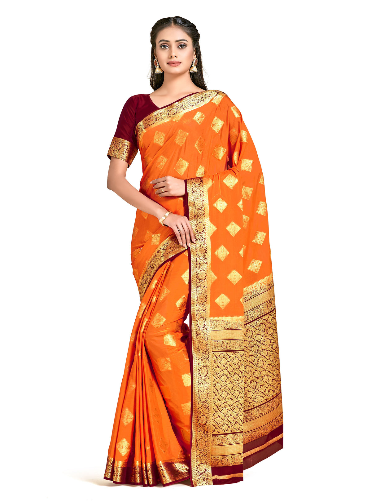 Mimosa Womens Crepe Saree Mysore Silk Orange Color
