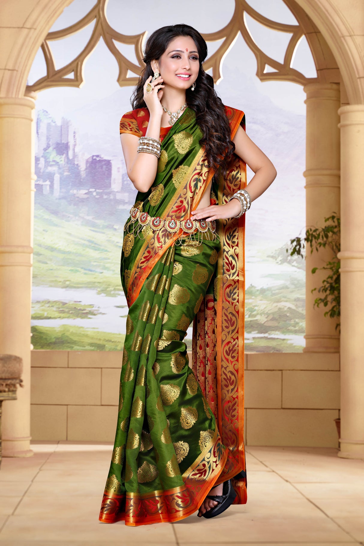 Mimosa Womens Art Silk Saree Kanjivaram Olive Color