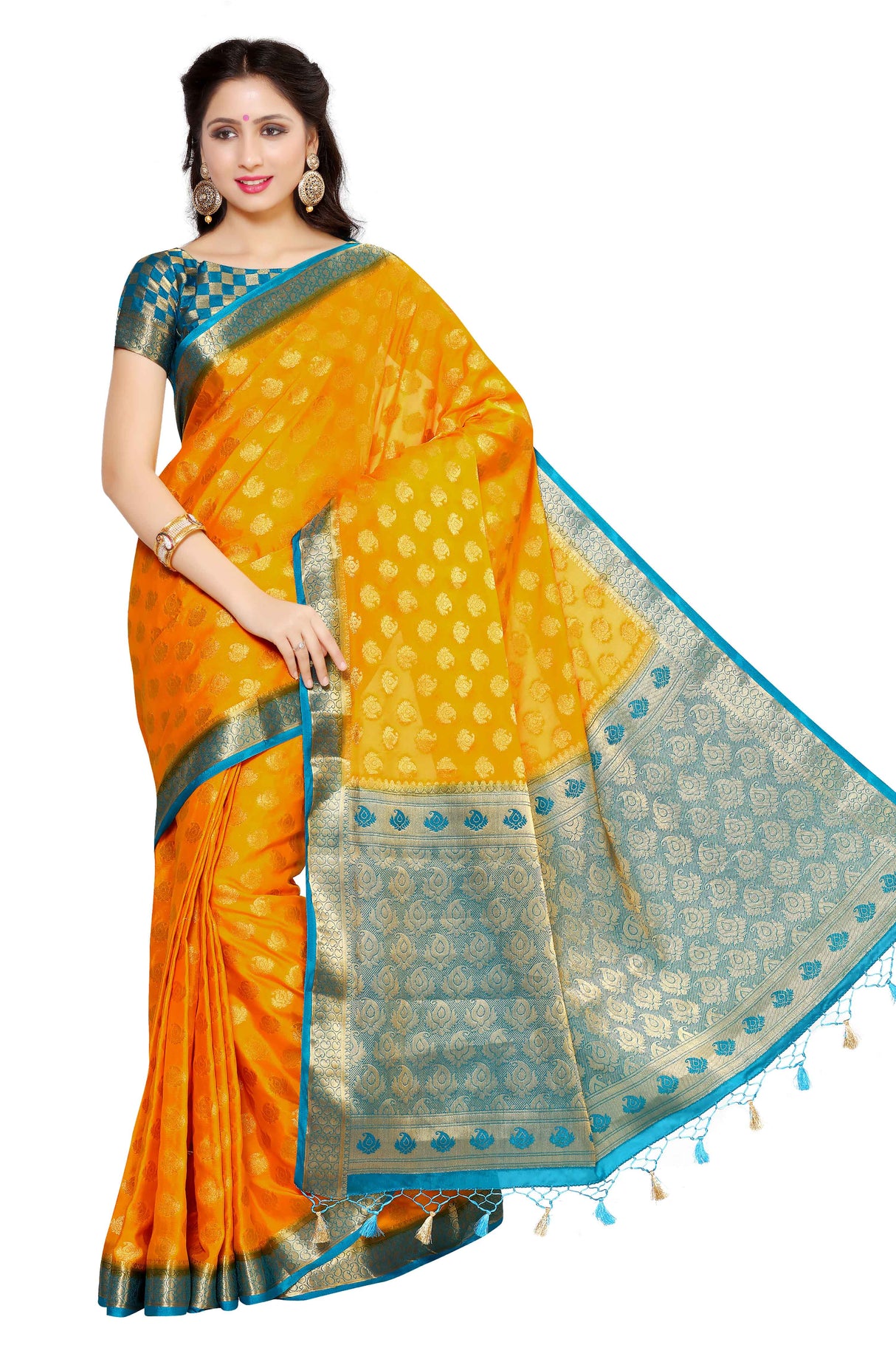 Mimosa Womens Crepe Saree Mysore Silk Gold Color