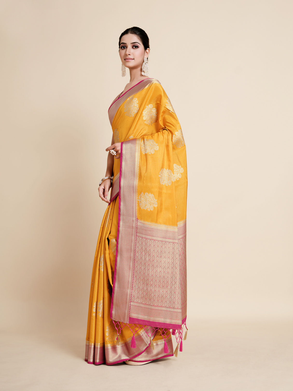 Mimosa Womens Art Silk Saree Kanjivaram Gold Color