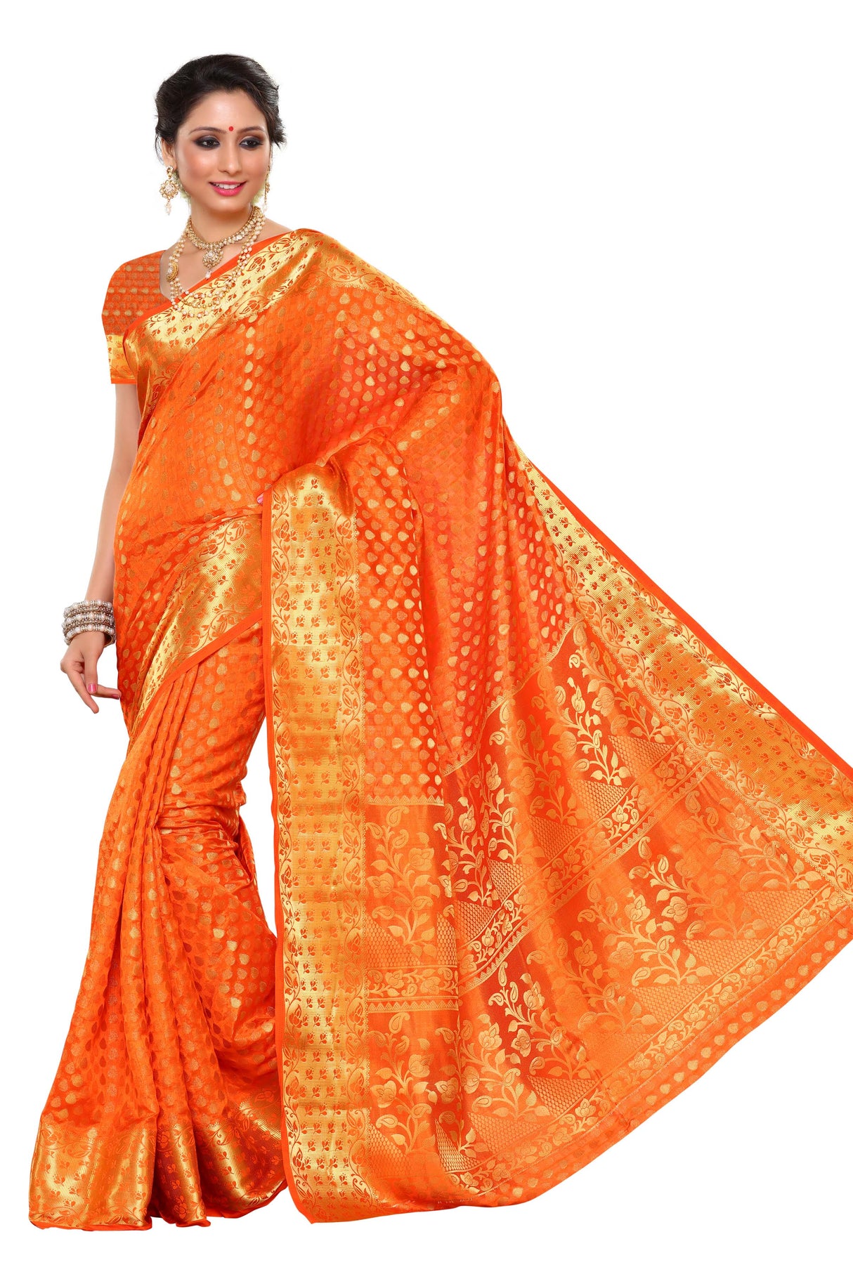 Mimosa Womens Art Silk Saree Kanjivaram Orange Color