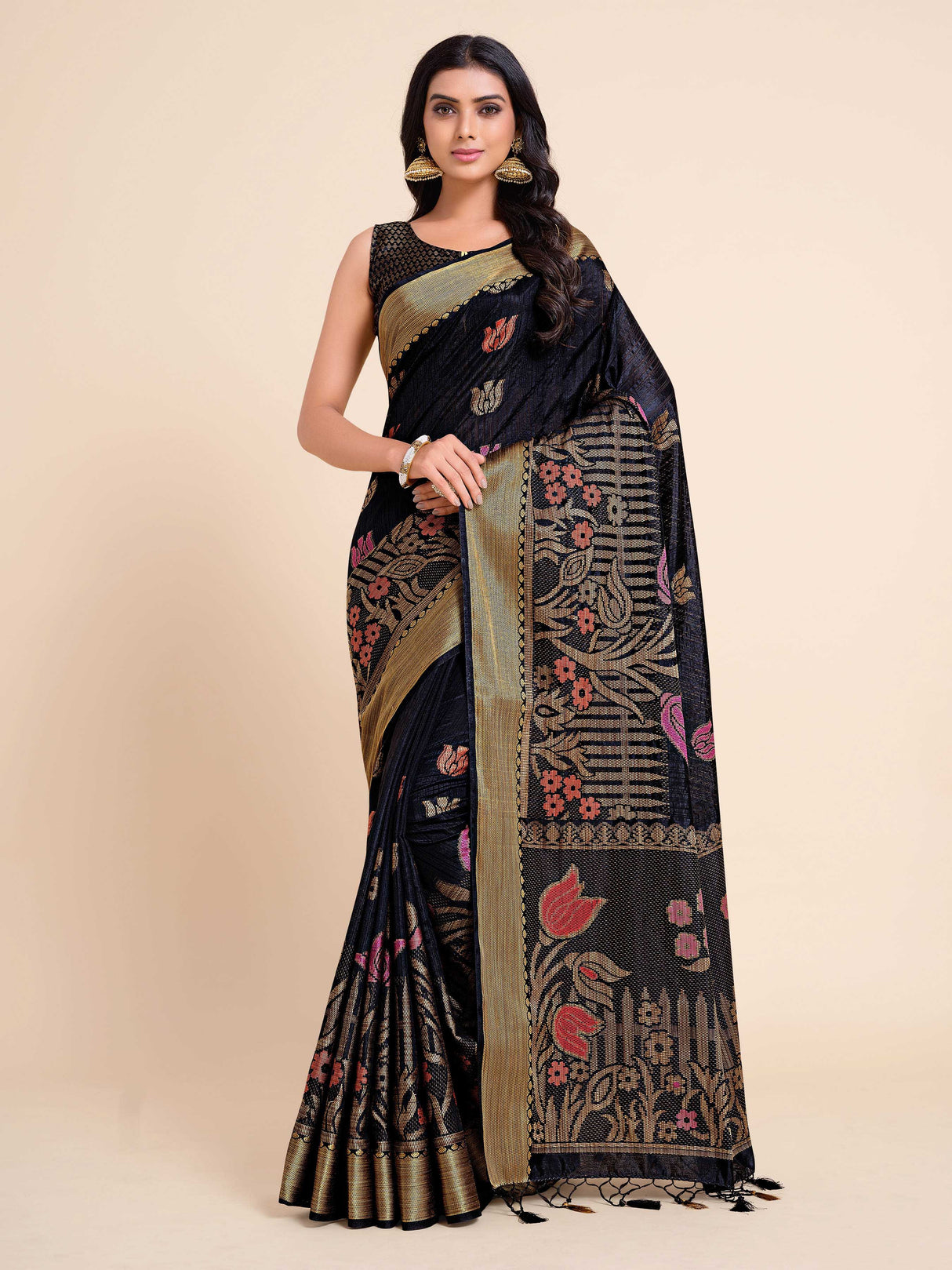 Mimosa Womens Art Silk Saree Kanjivaram style Black Color