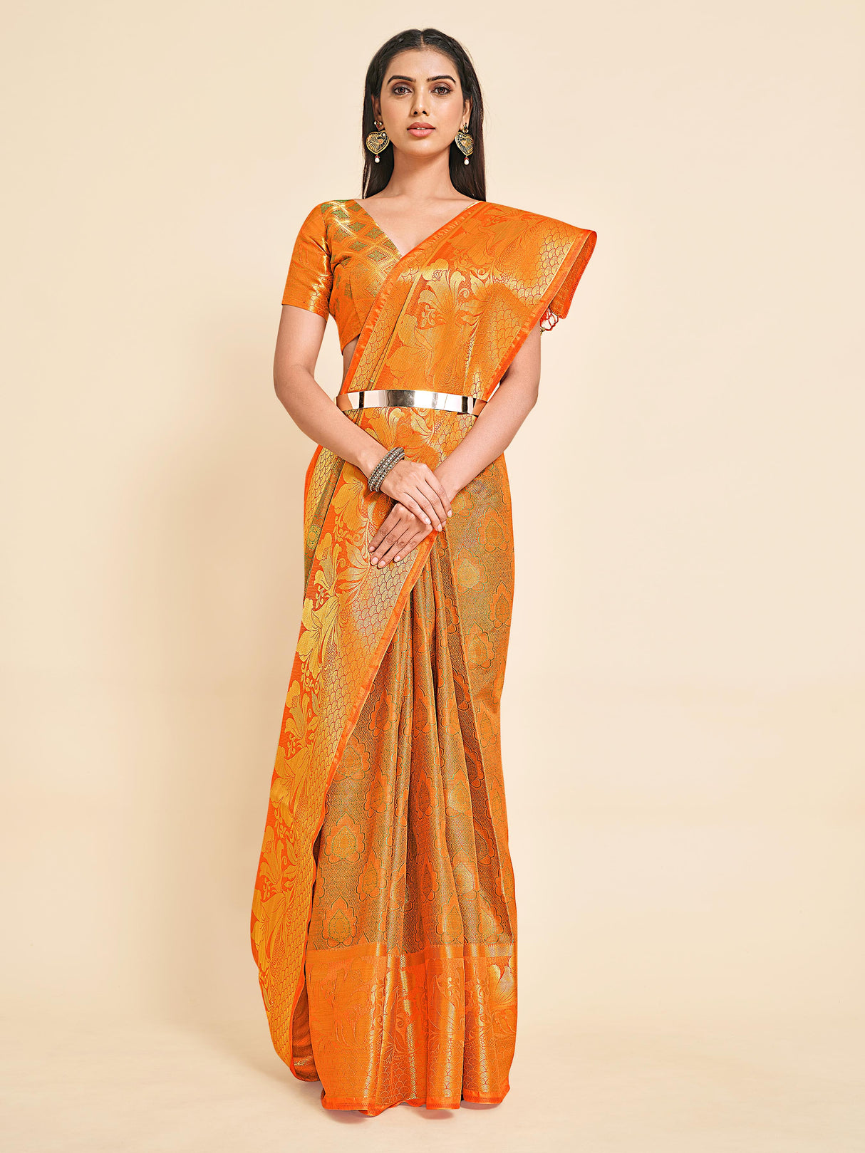 Mimosa Womens Art Silk Saree Kanjivaram Orange Color