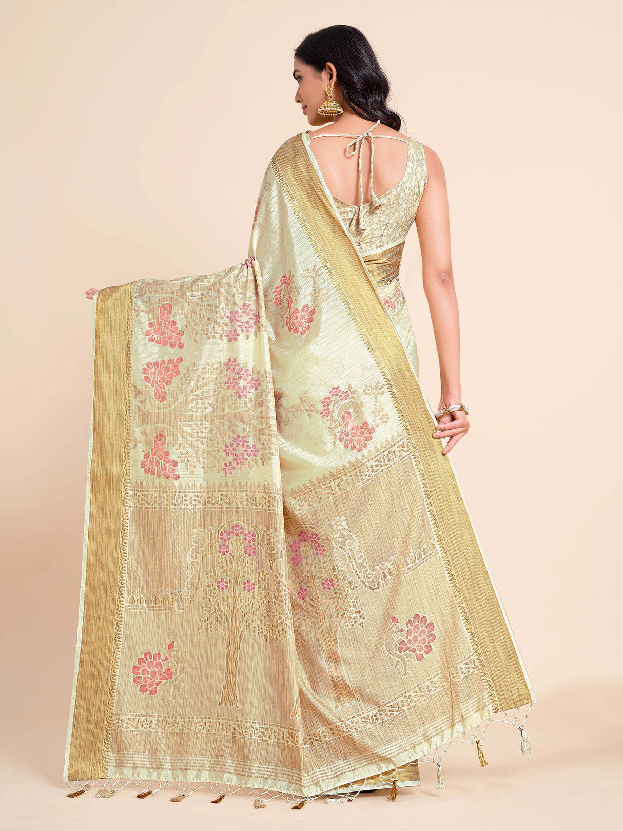 Mimosa Womens Art Silk Saree Kanjivaram style Cream Color