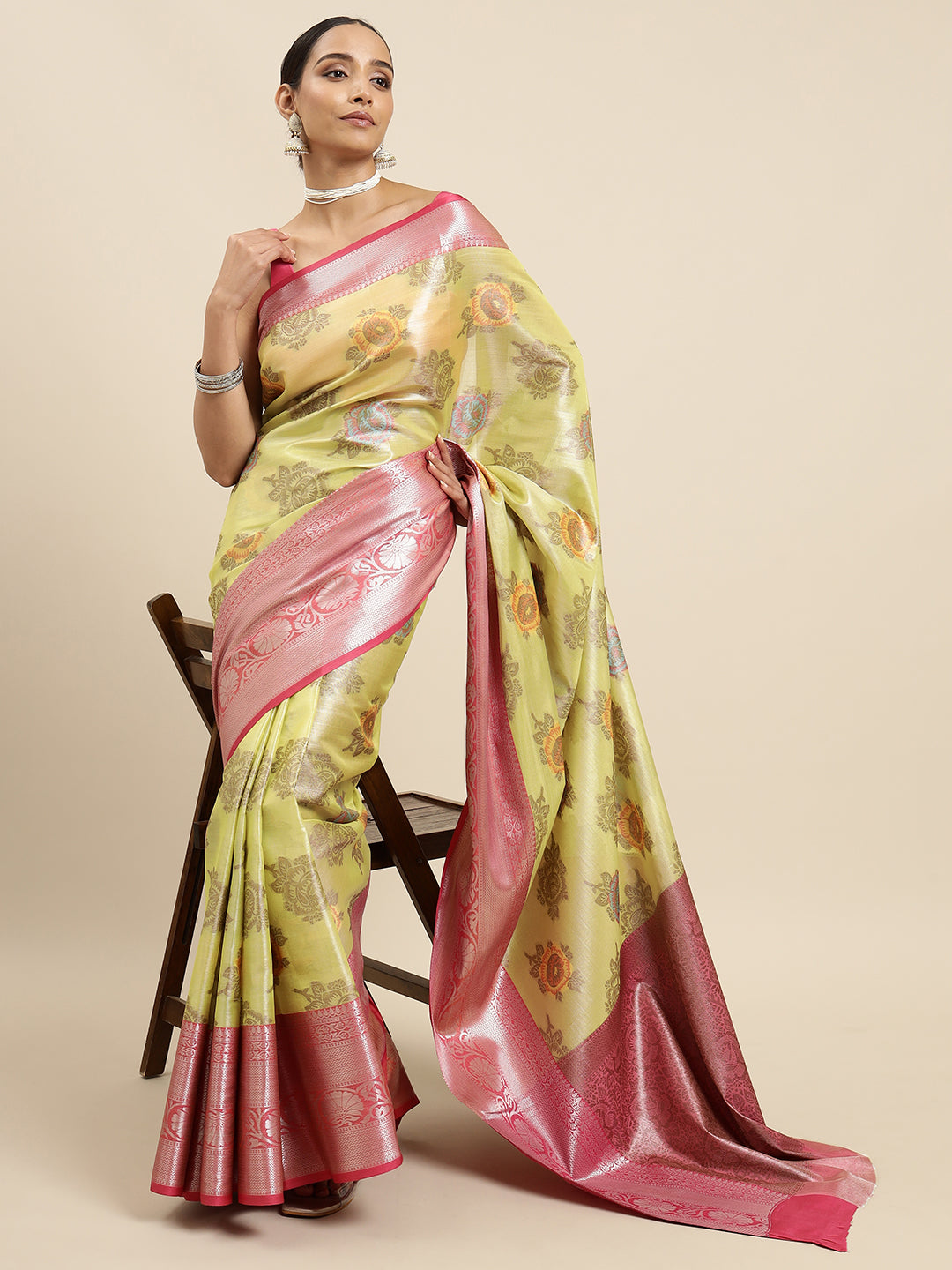 Mimosa Womens Art Silk Saree Kanjivaram Yellow Color