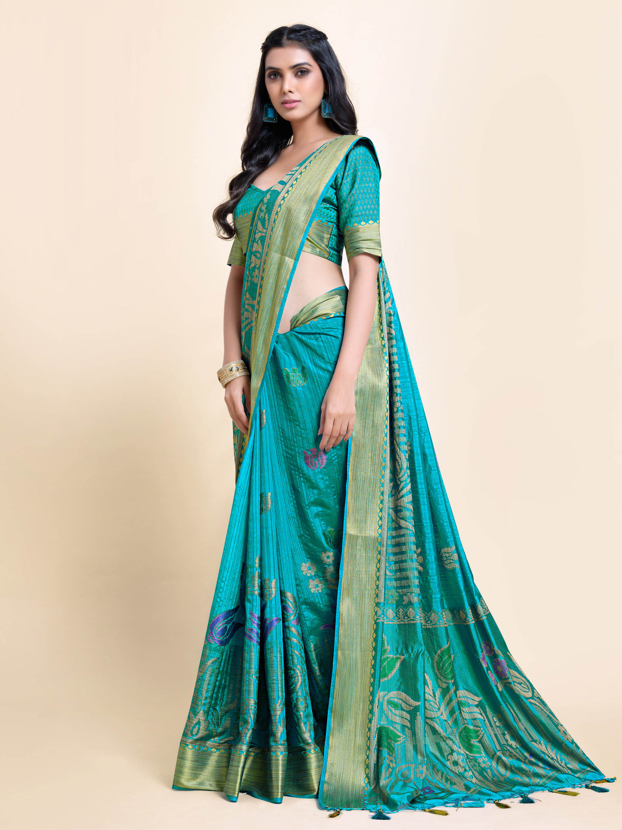 Mimosa Womens Art Silk Saree Kanjivaram style Saffire Color