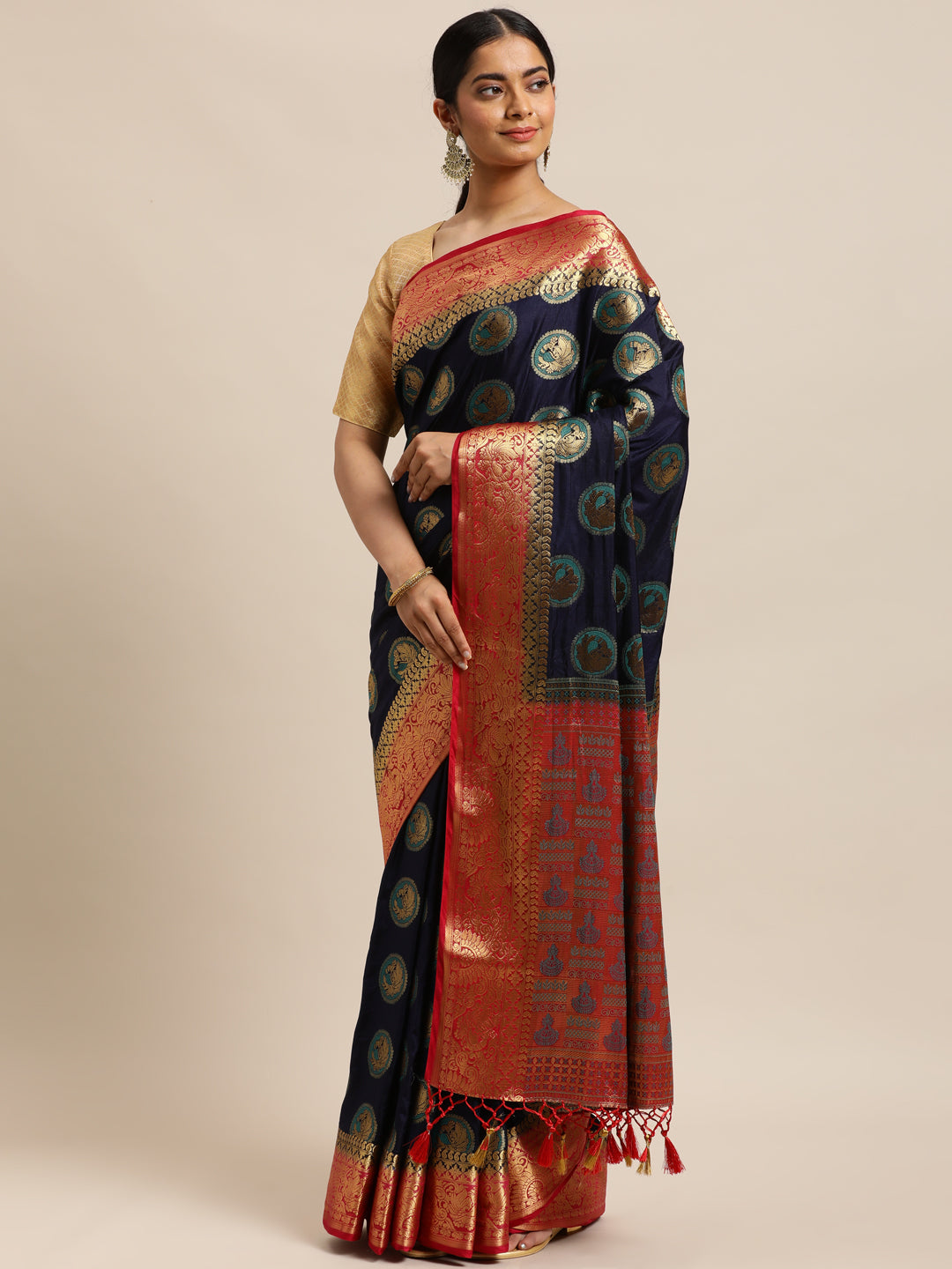 Mimosa Womens Art Silk Saree Kanjivaram Navy Blue Color