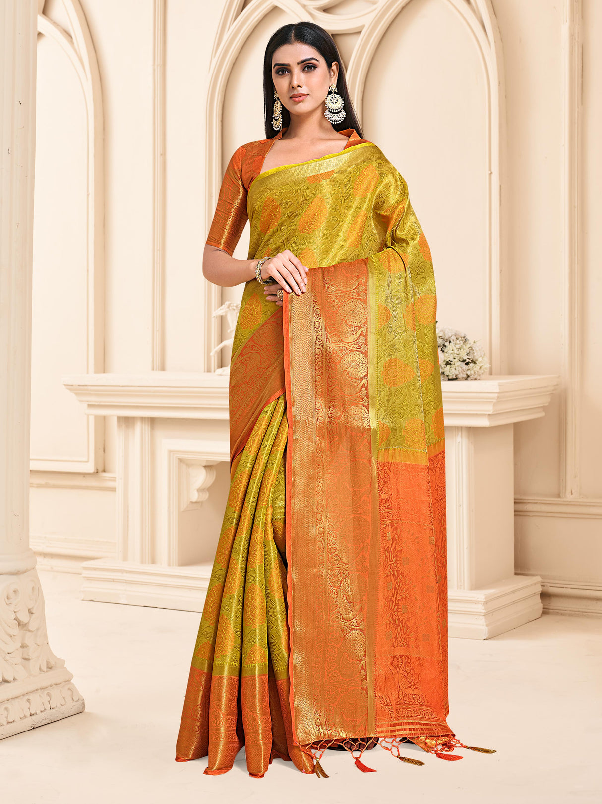 Mimosa Womens Art Silk Saree Kanjivaram Yellow Color