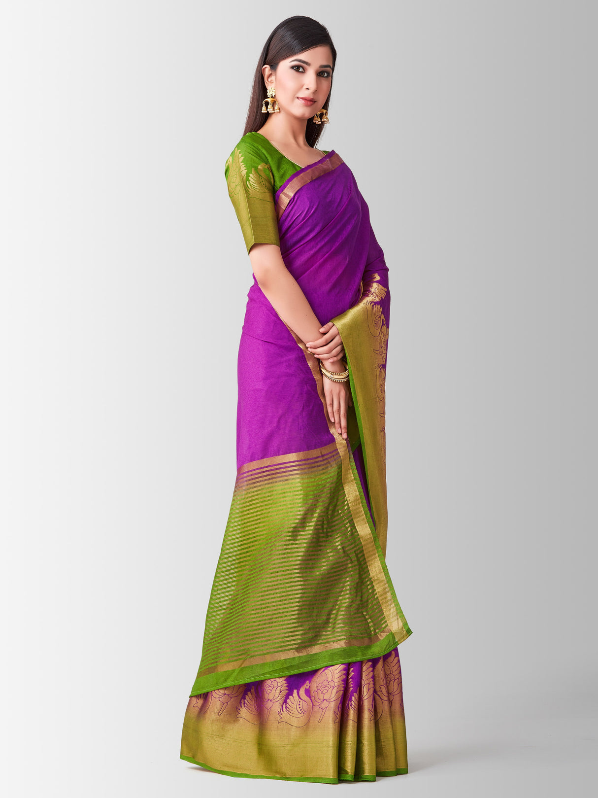 Mimosa Womens Linen Saree Kanjivaram style Mejanta Color