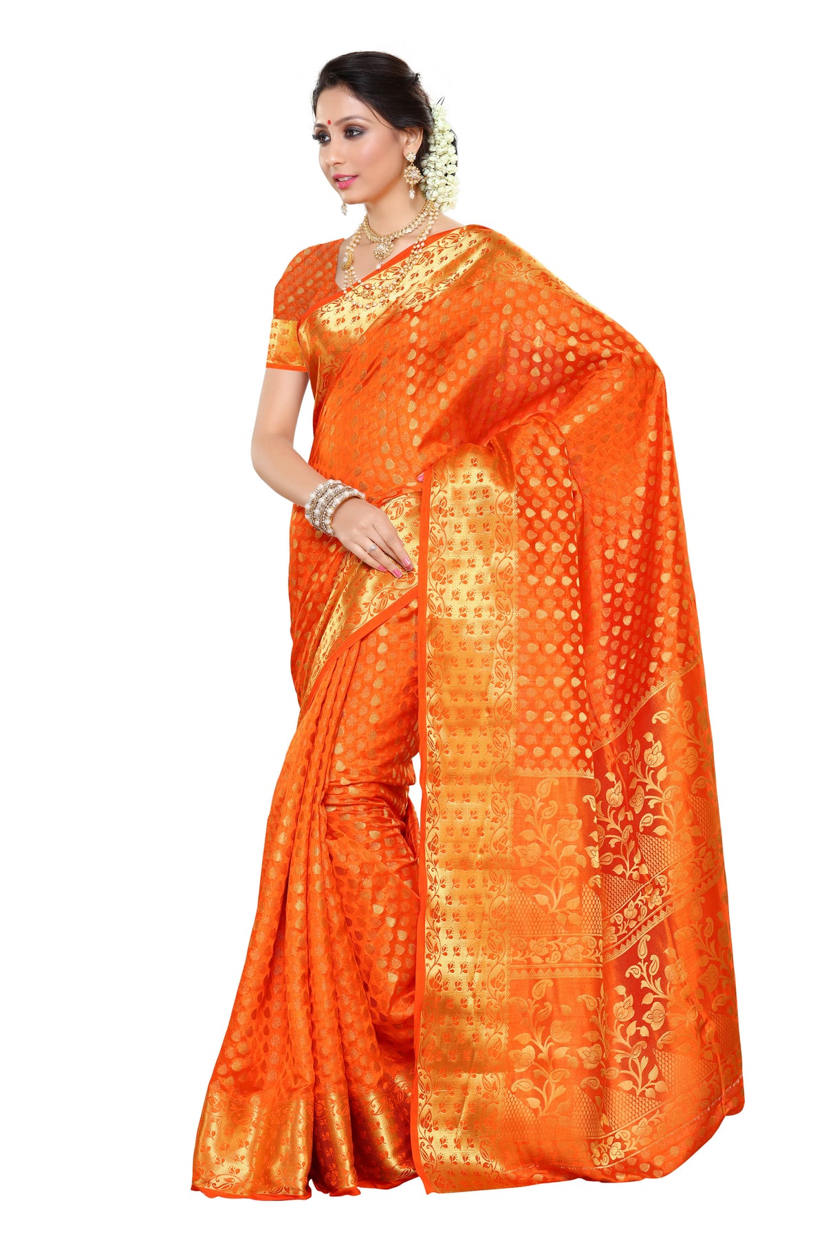 Mimosa Womens Art Silk Saree Kanjivaram Orange Color