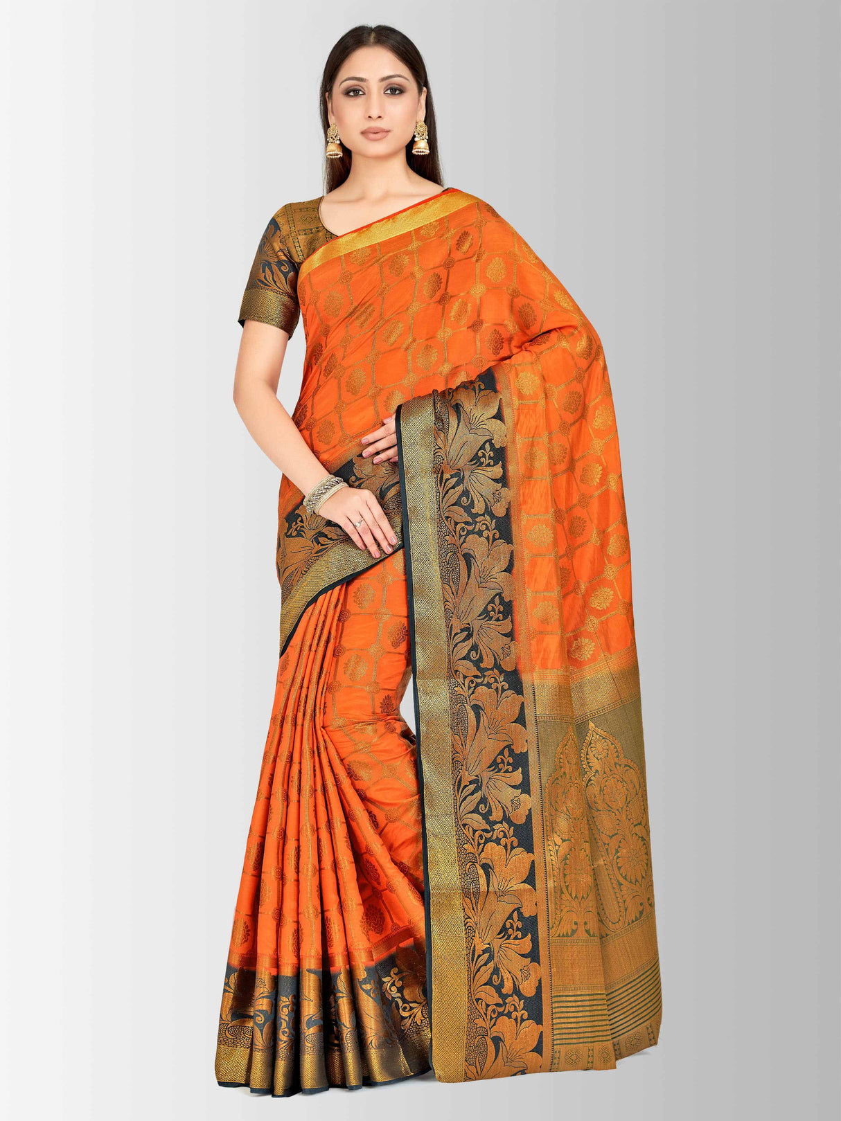 Mimosa Womens Art Silk Saree Kanjivaram Orange Color