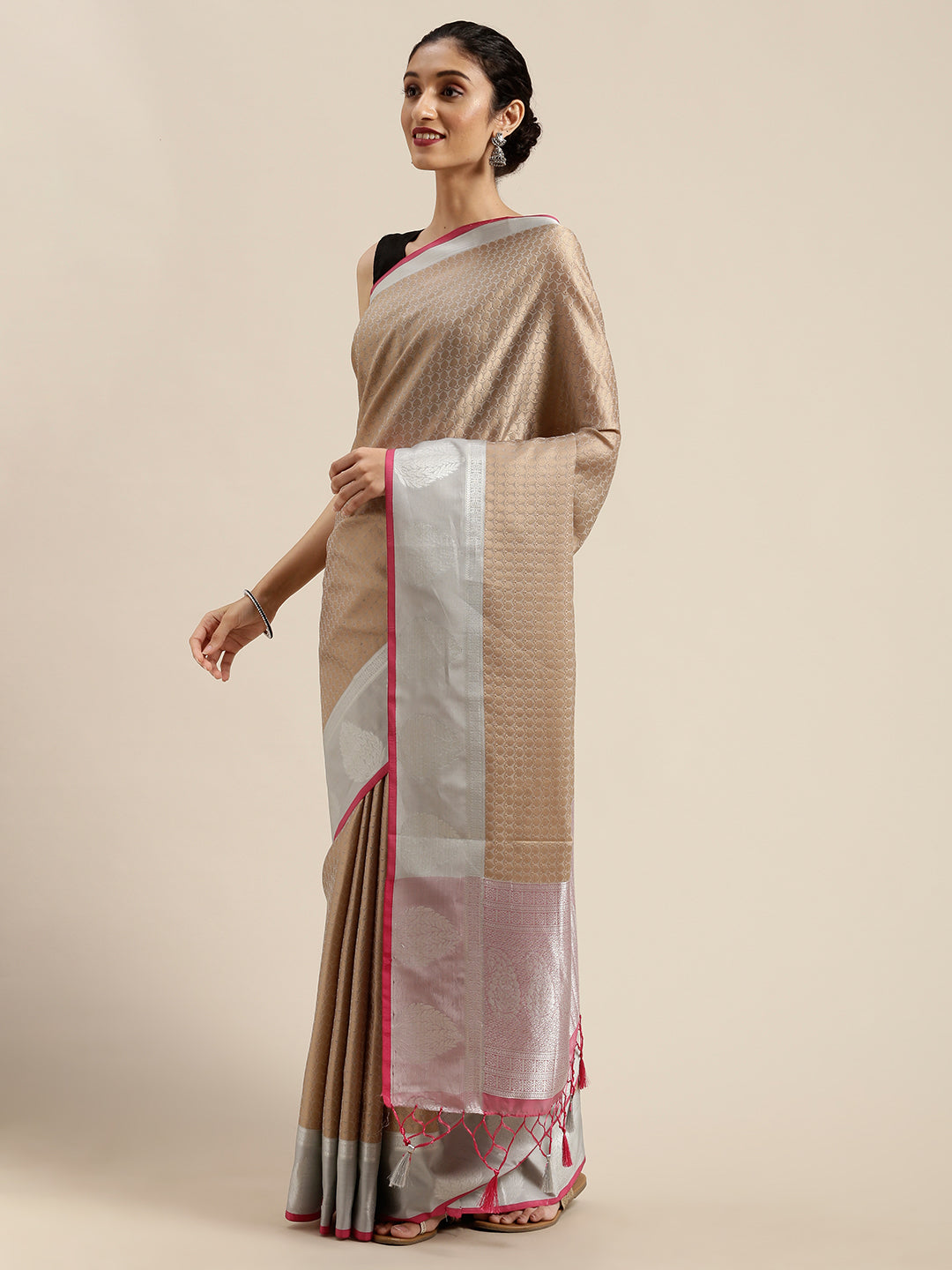 Mimosa Womens Art Silk Saree Banarasi style Chiku Color