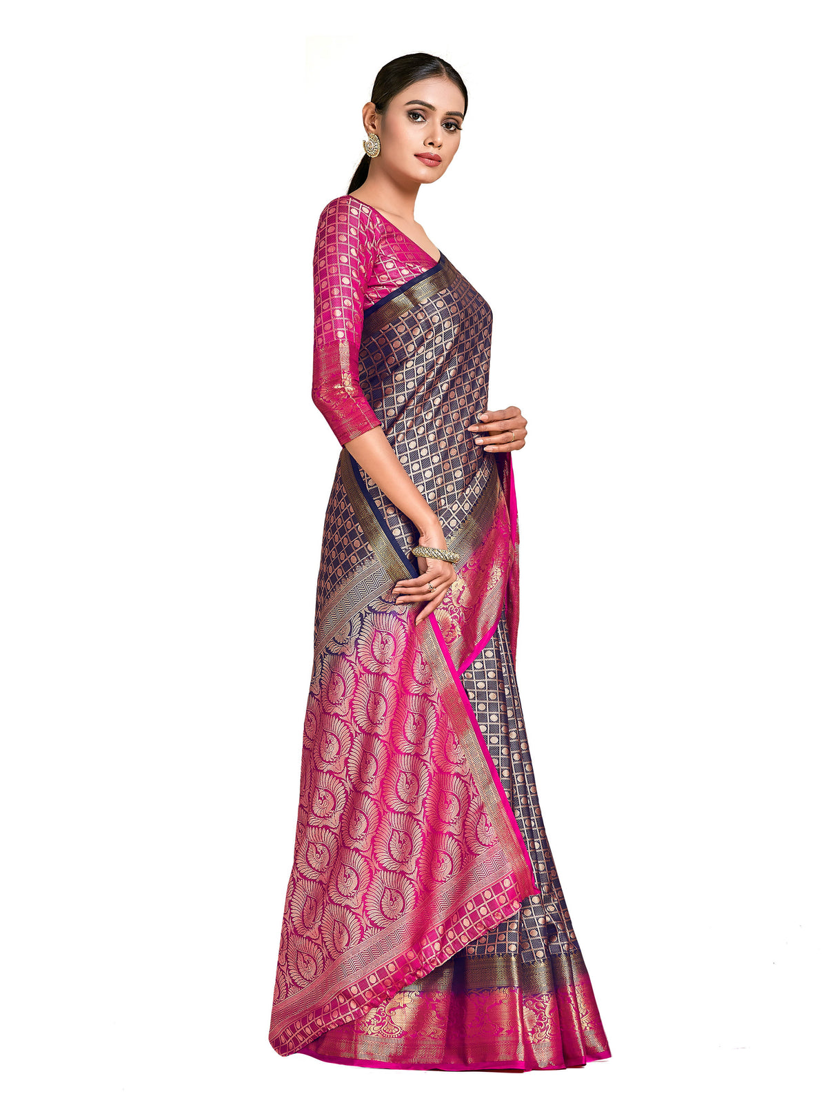 Mimosa Womens Art Silk Saree Kanjivaram Navy Blue Color