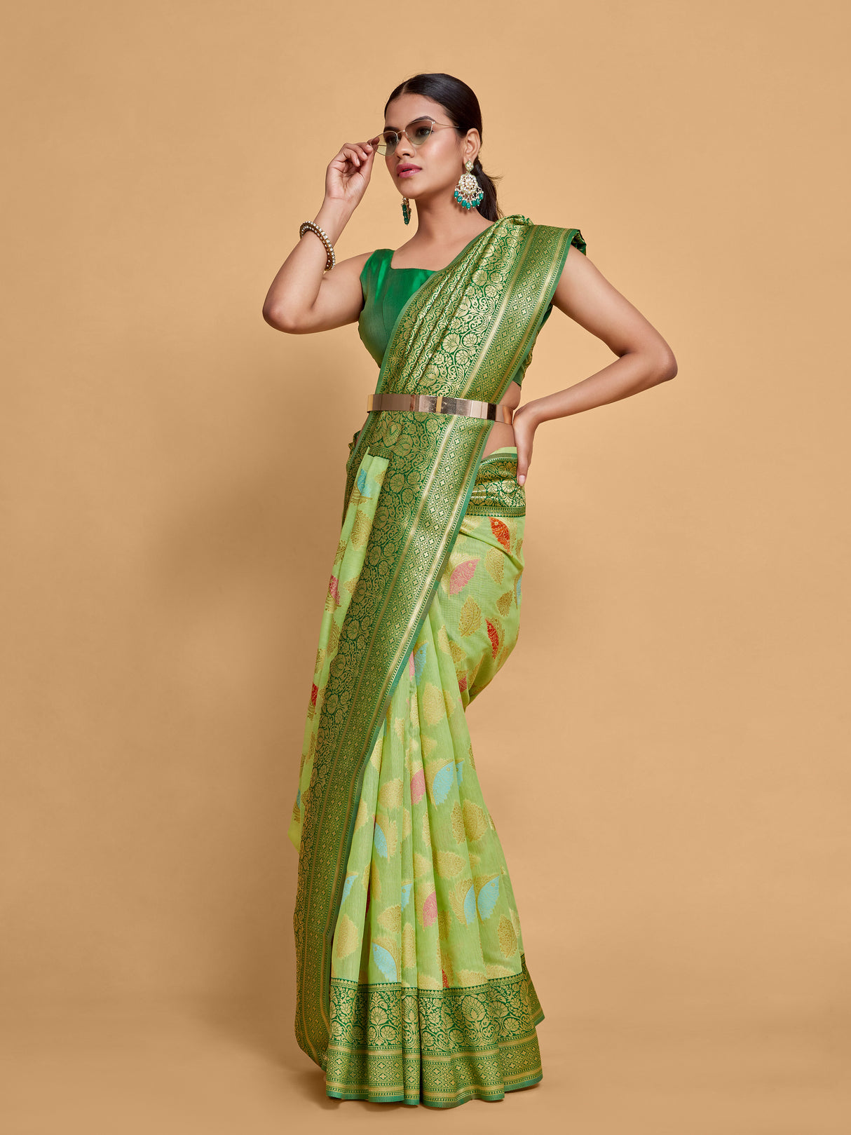 Mimosa Women's Woven Design Kanjivaram Linen Saree With Blouse Piece : SA00001245PSFREE