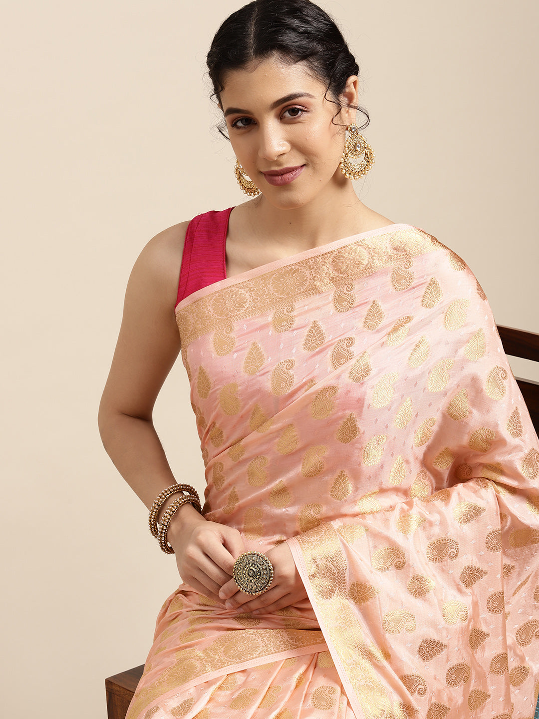 Mimosa Womens Art Silk Saree Kanjivaram Peach Color
