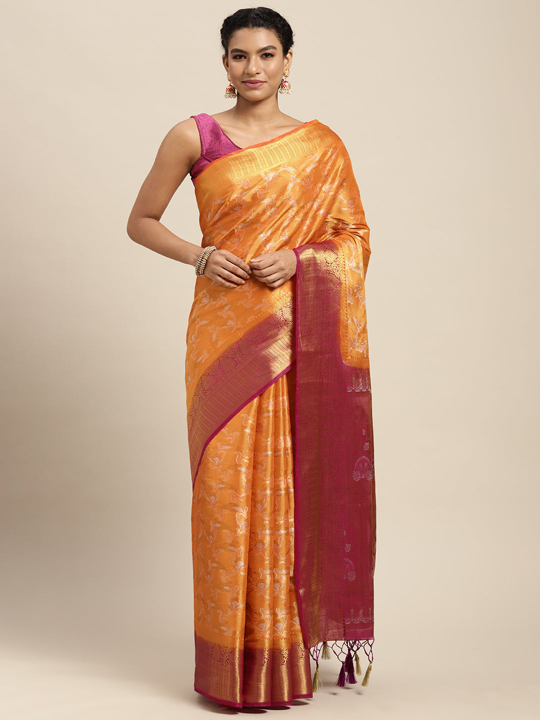 Mimosa Womens Art Silk Saree Kanjivaram Orange Color