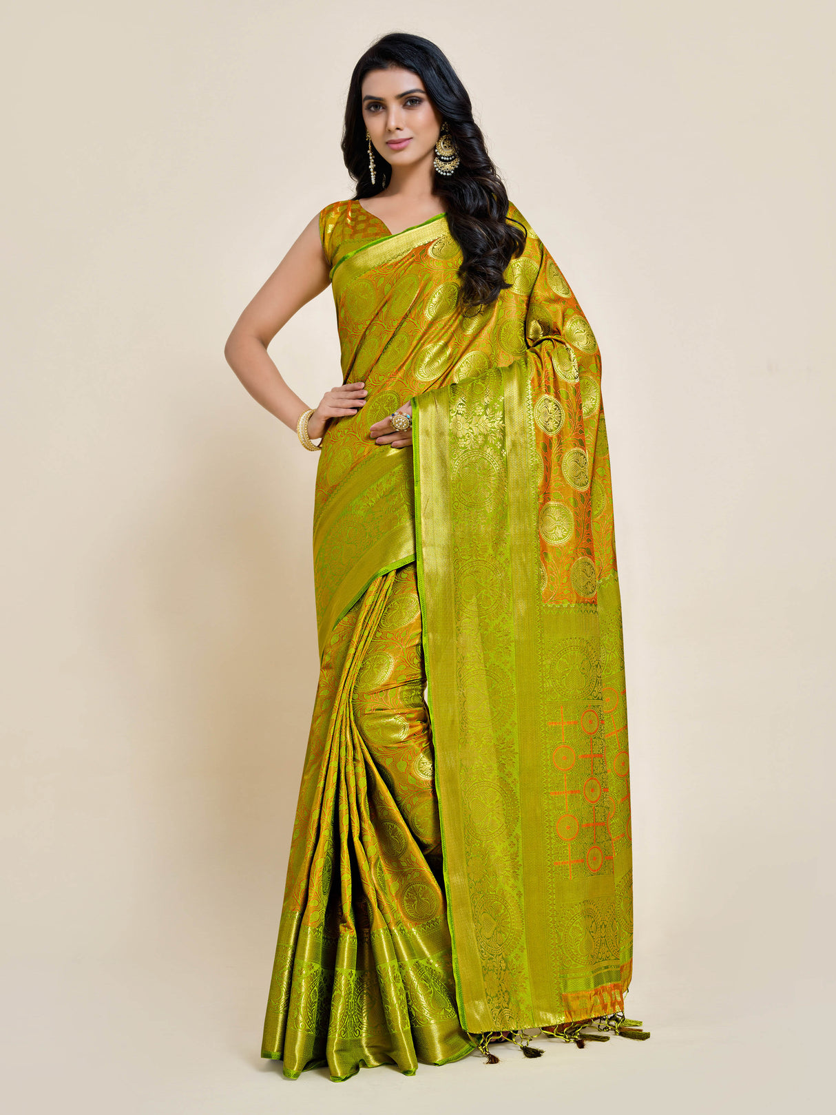 Mimosa Womens Art Silk Saree Kanjivaram Olive Color