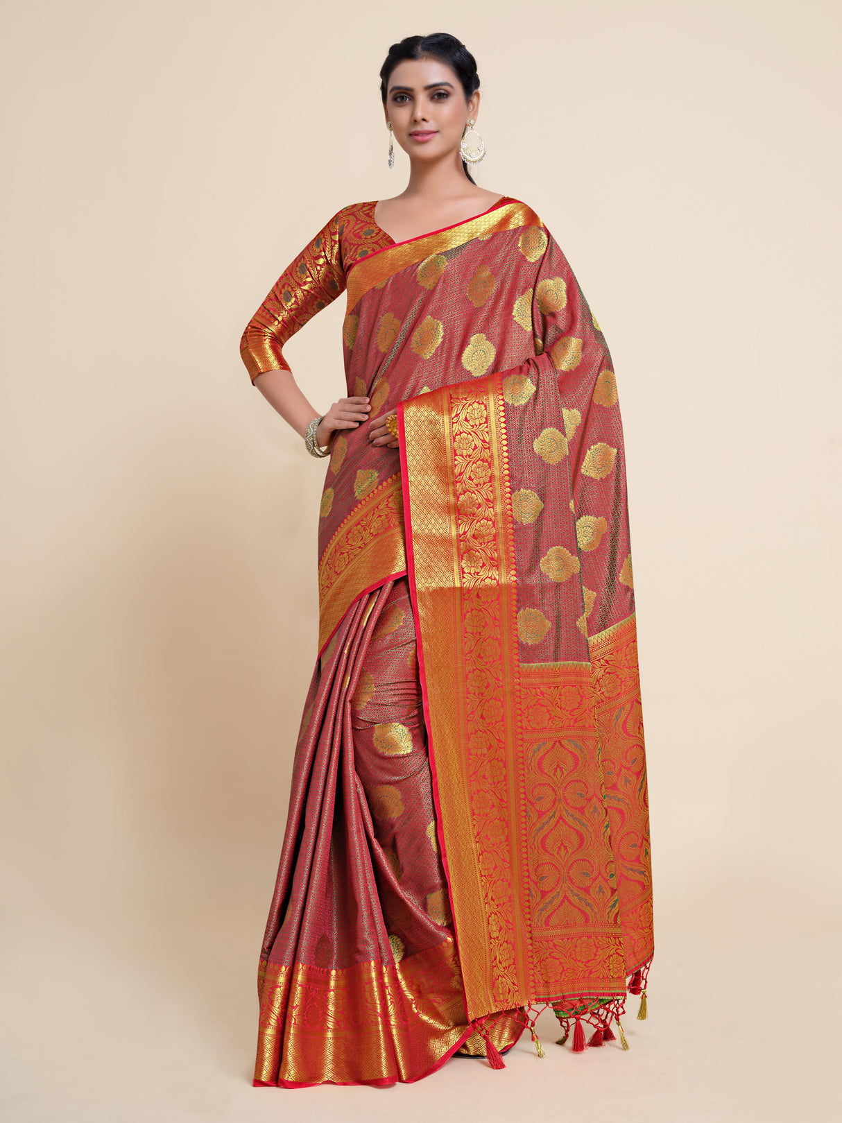 Mimosa Womens Art Silk Saree Kanjivaram Strawberry Color