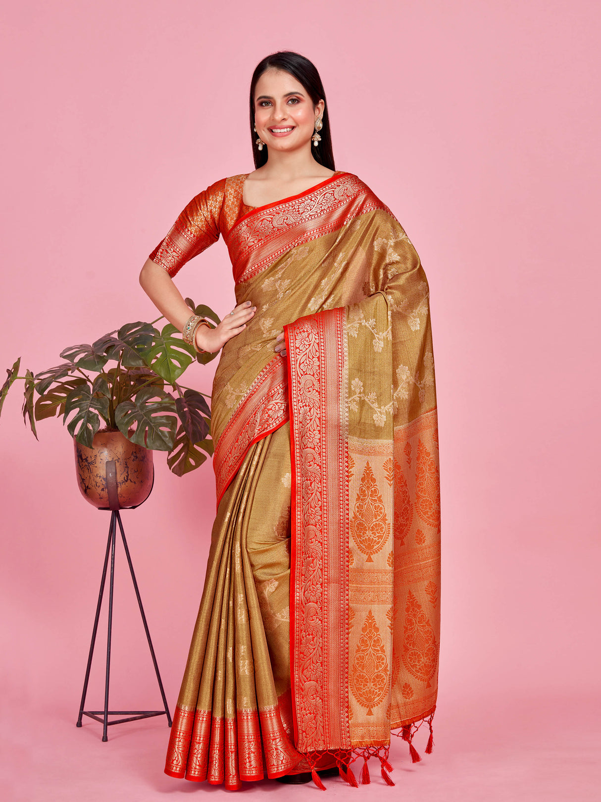 Mimosa Women's Woven Design Kanjivaram Style Art Silk Saree With Blouse Piece : SA0000394CKFREE