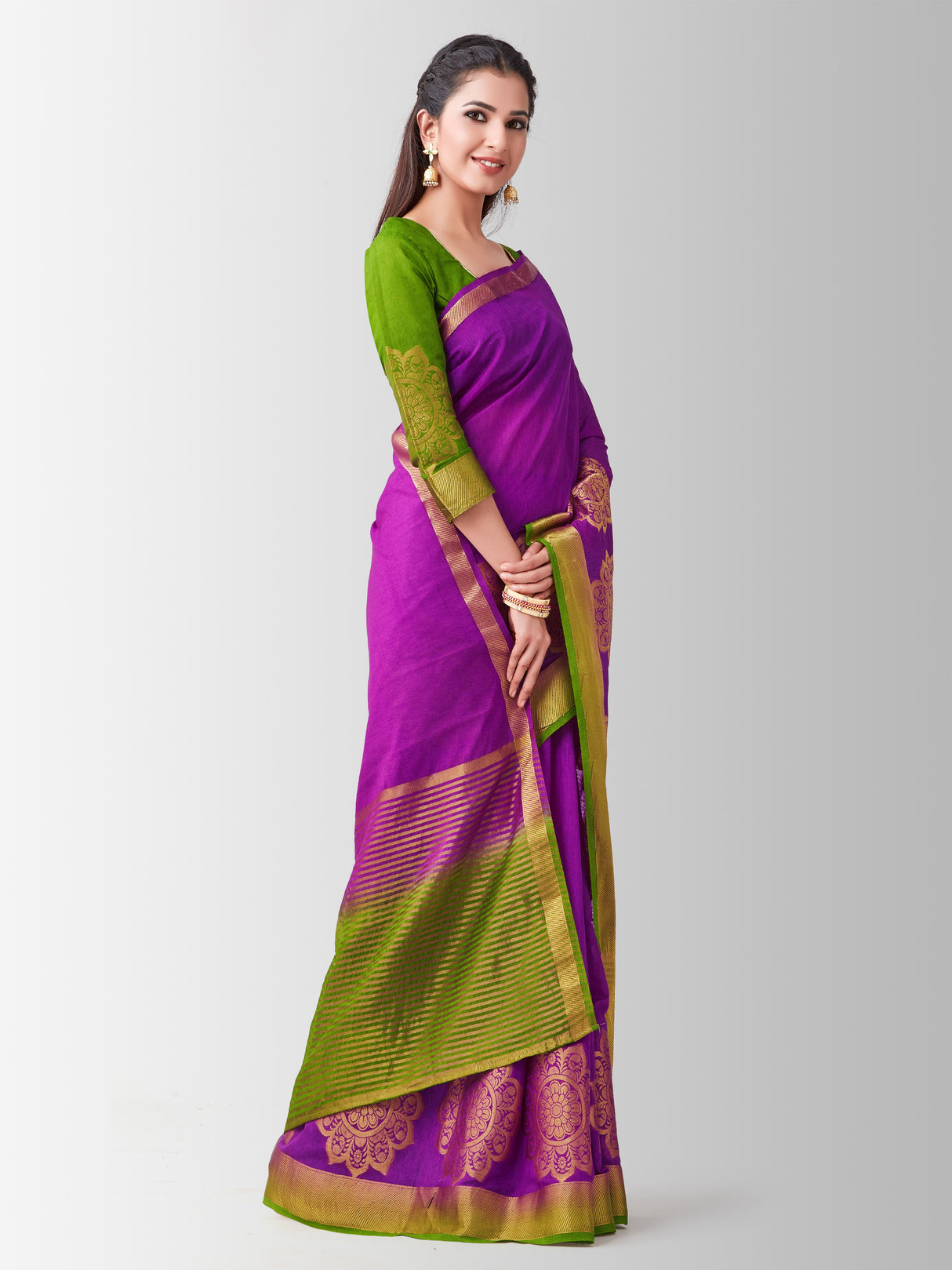 Mimosa Womens Linen Saree Kanjivaram style Mejanta Color