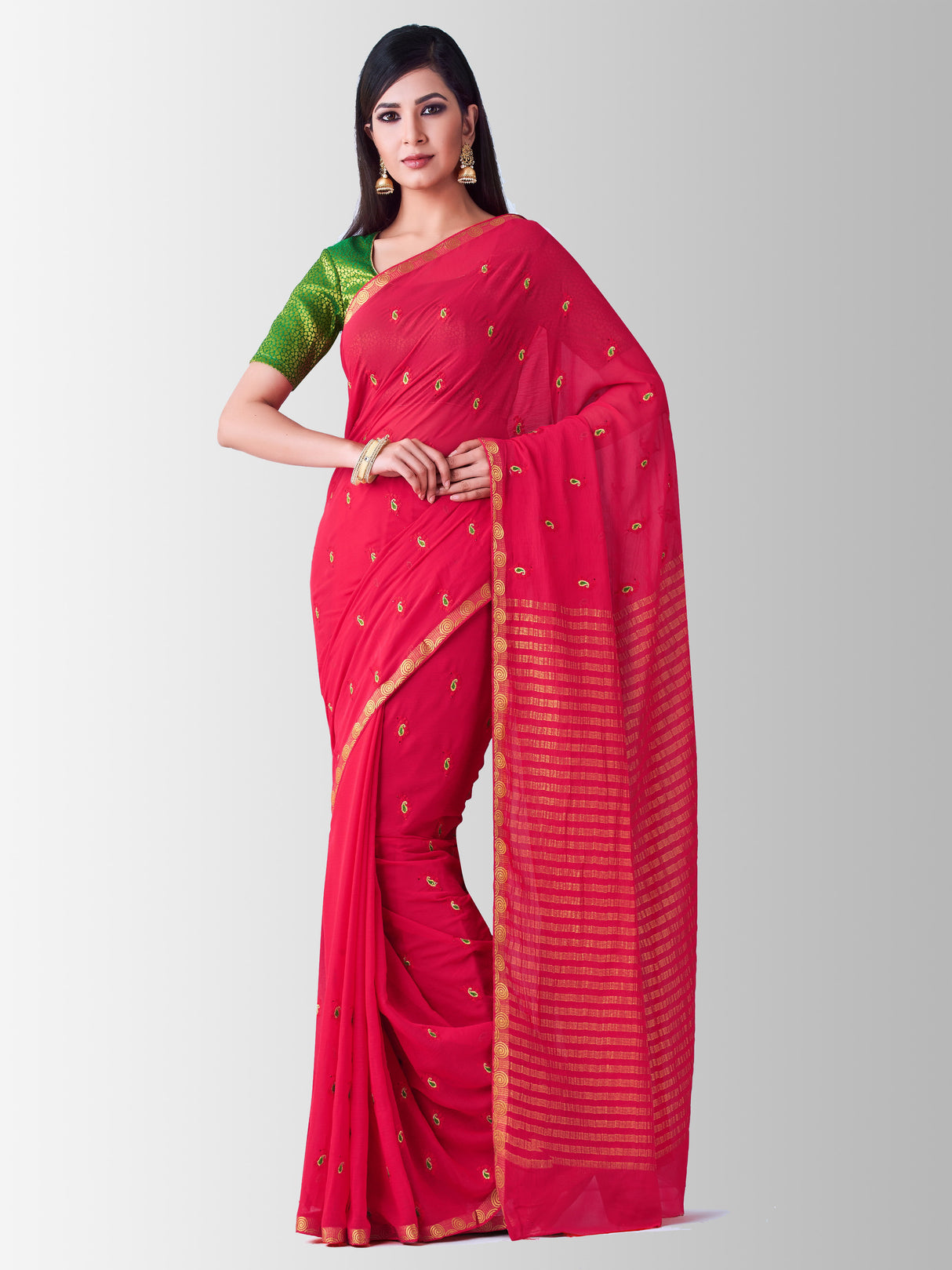 Mimosa Womens Chiffon Saree Banarasi Strawberry Color