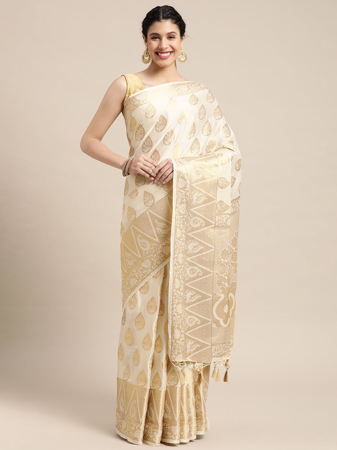 Mimosa Womens Crepe Saree Mysore Silk Halfwhite Color