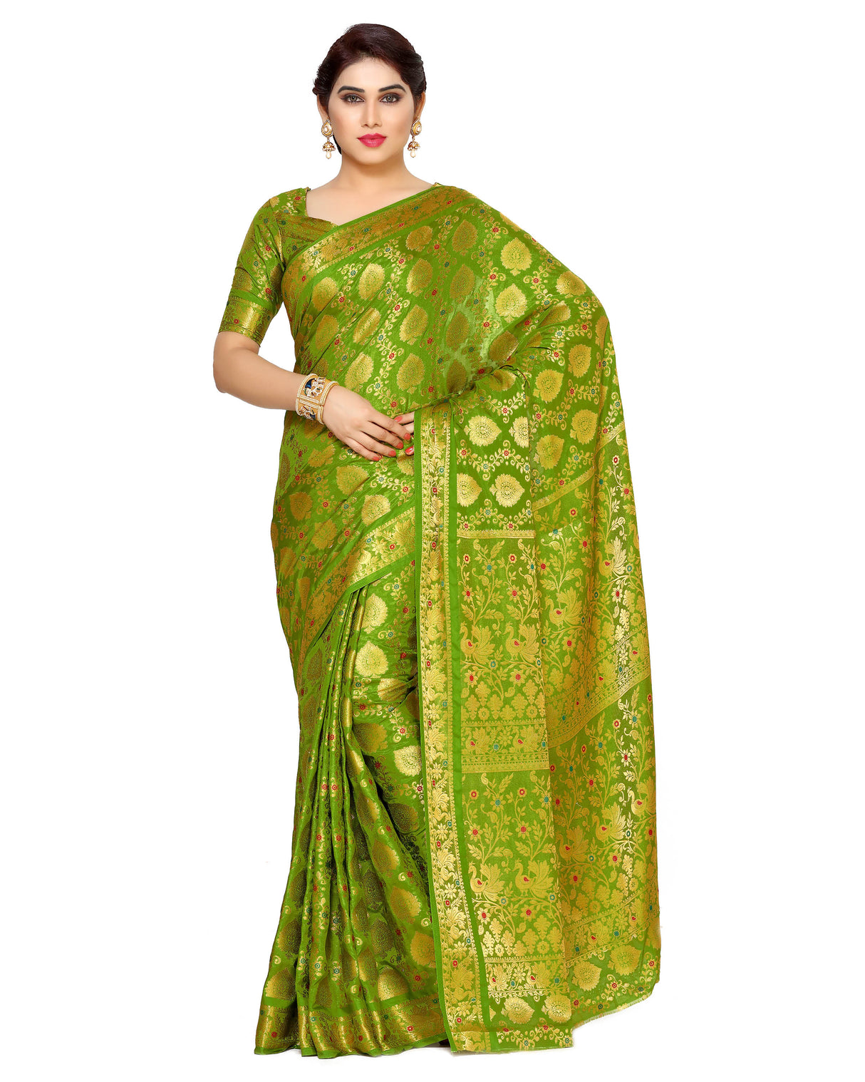 Mimosa Womens Art Silk Saree Kanjivaram Olive Color