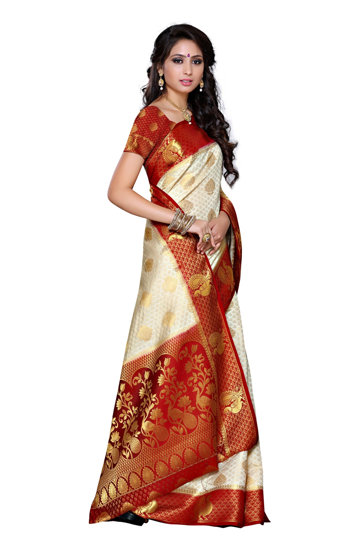 Mimosa Womens Art Silk Saree Kanjivaram Halfwhite Color