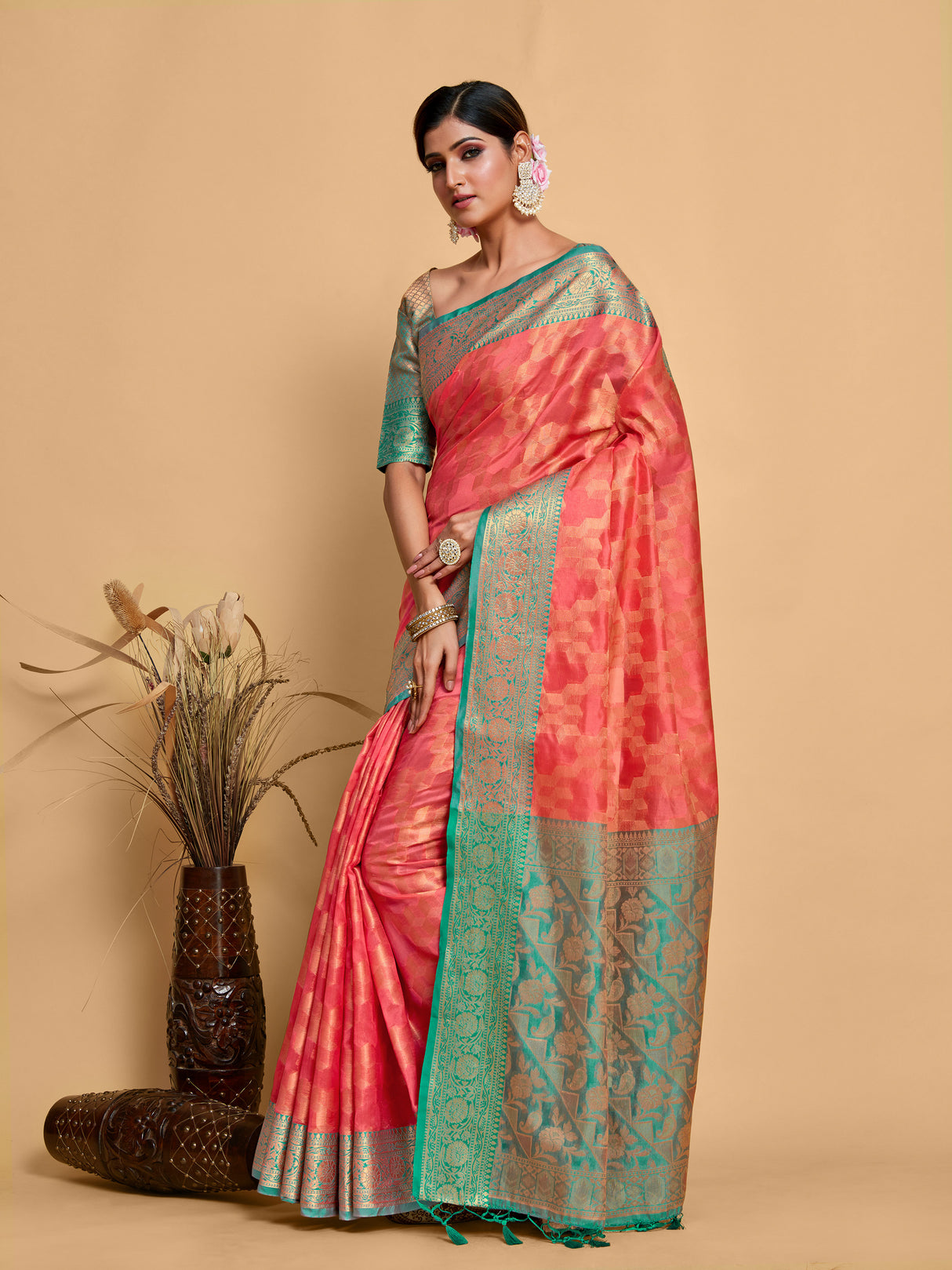Mimosa Women's Woven Design Kanjivaram Art Silk Saree With Blouse Piece : SA00001228GJFREE