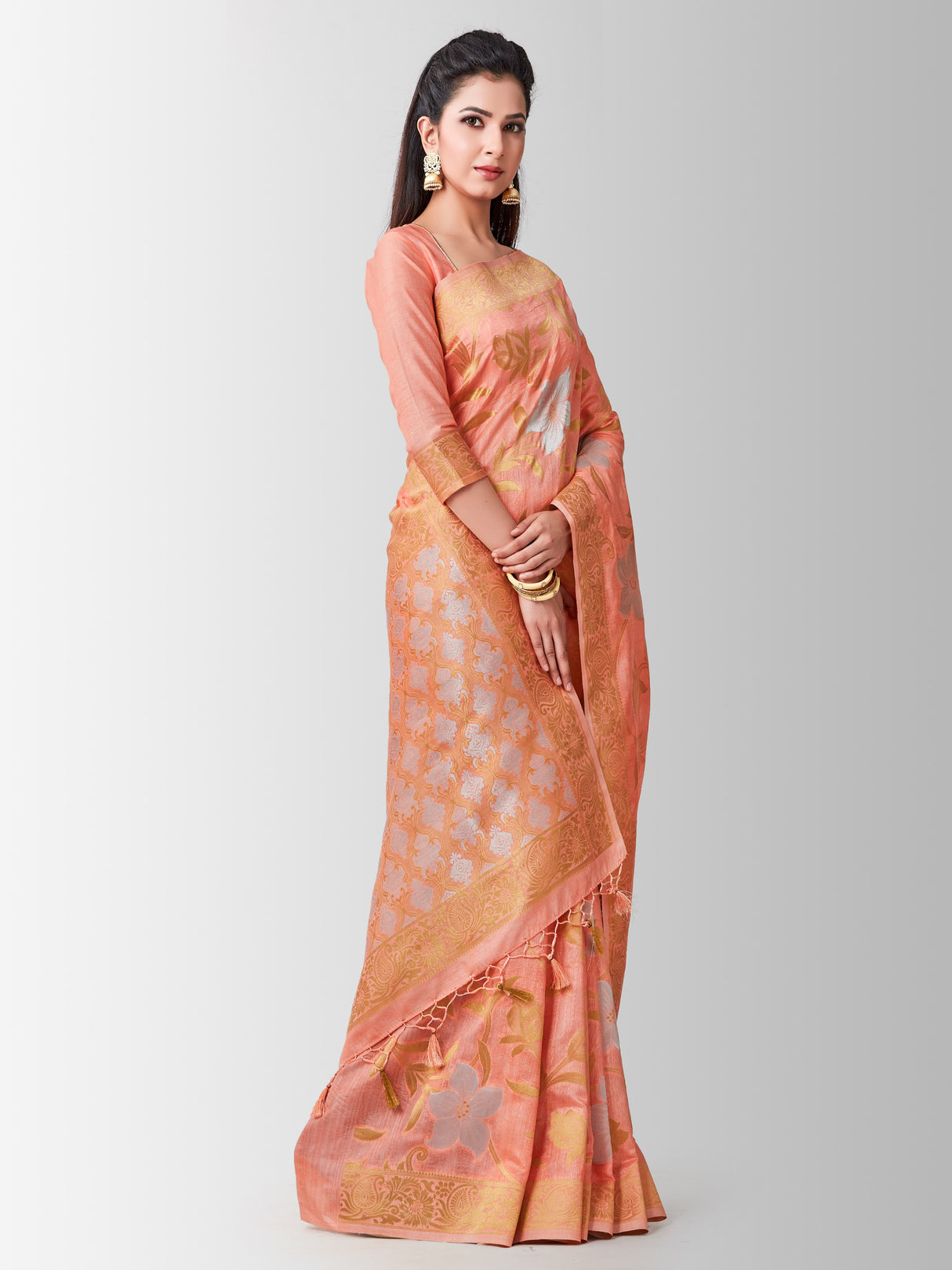 Mimosa Womens Art Silk Saree Kanjivaram Peach Color