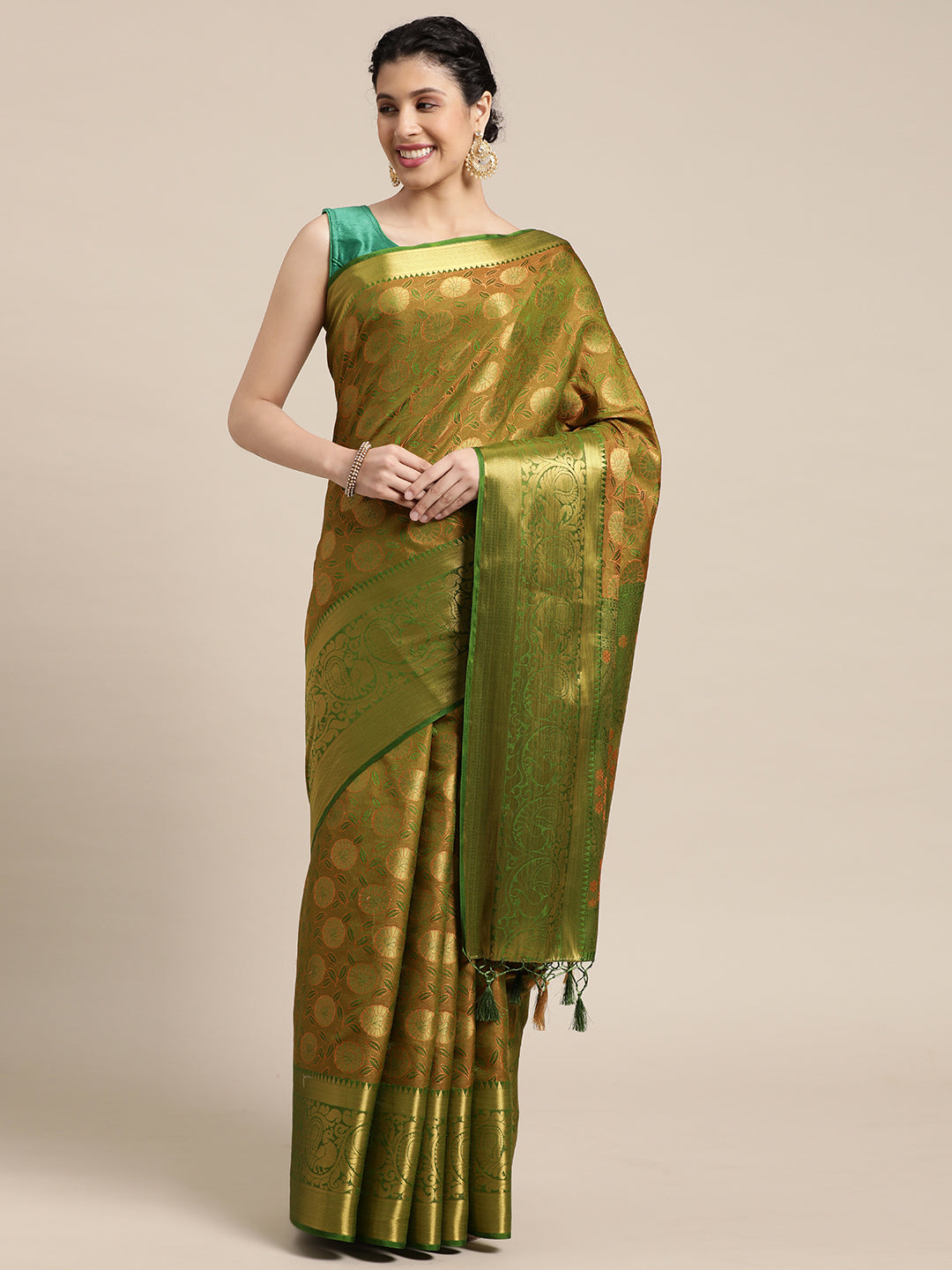 Mimosa Womens Art Silk Saree Kanjivaram Olive Color