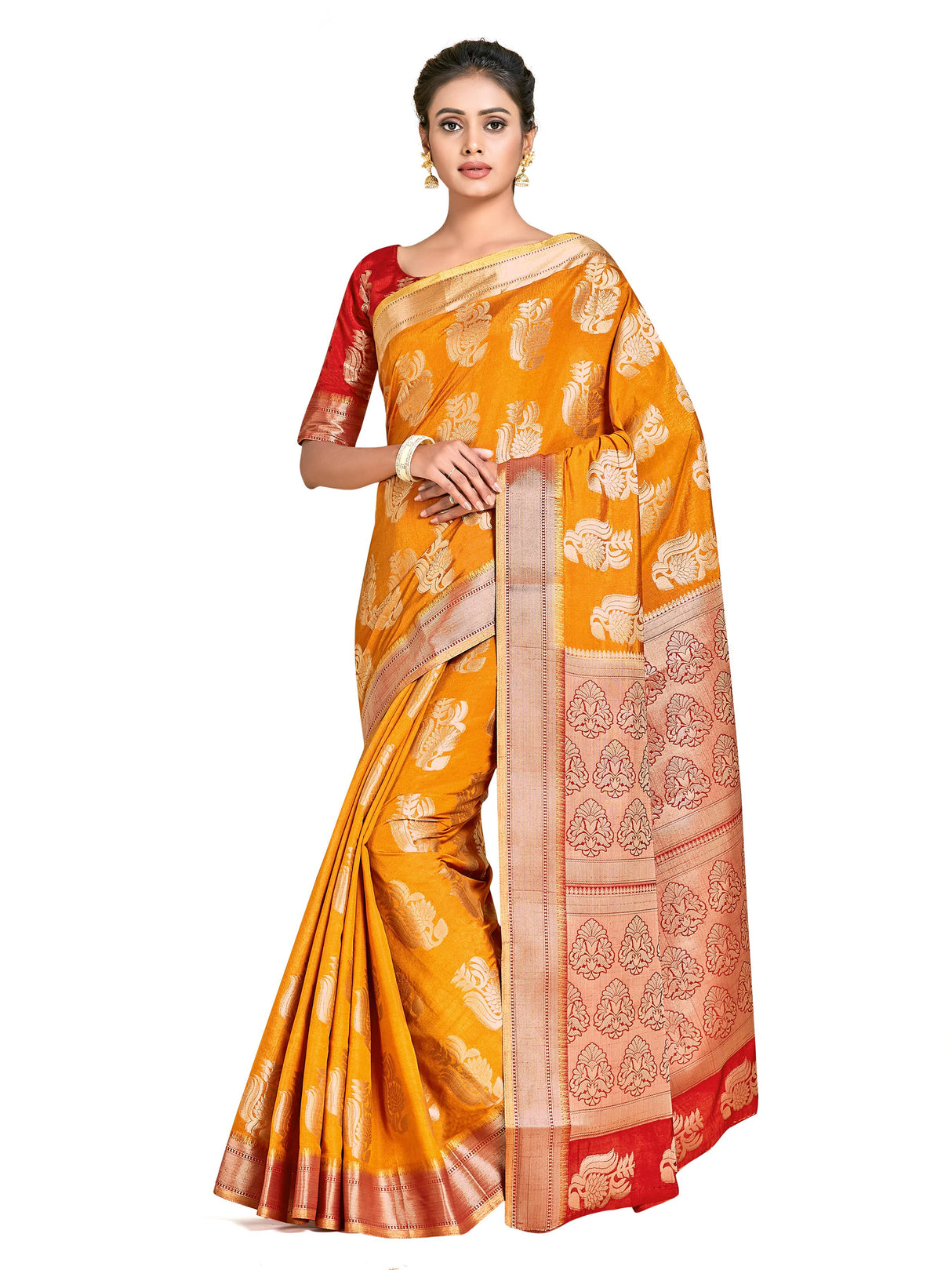 Mimosa Womens Art Silk Saree Kanjivaram Mustard Color