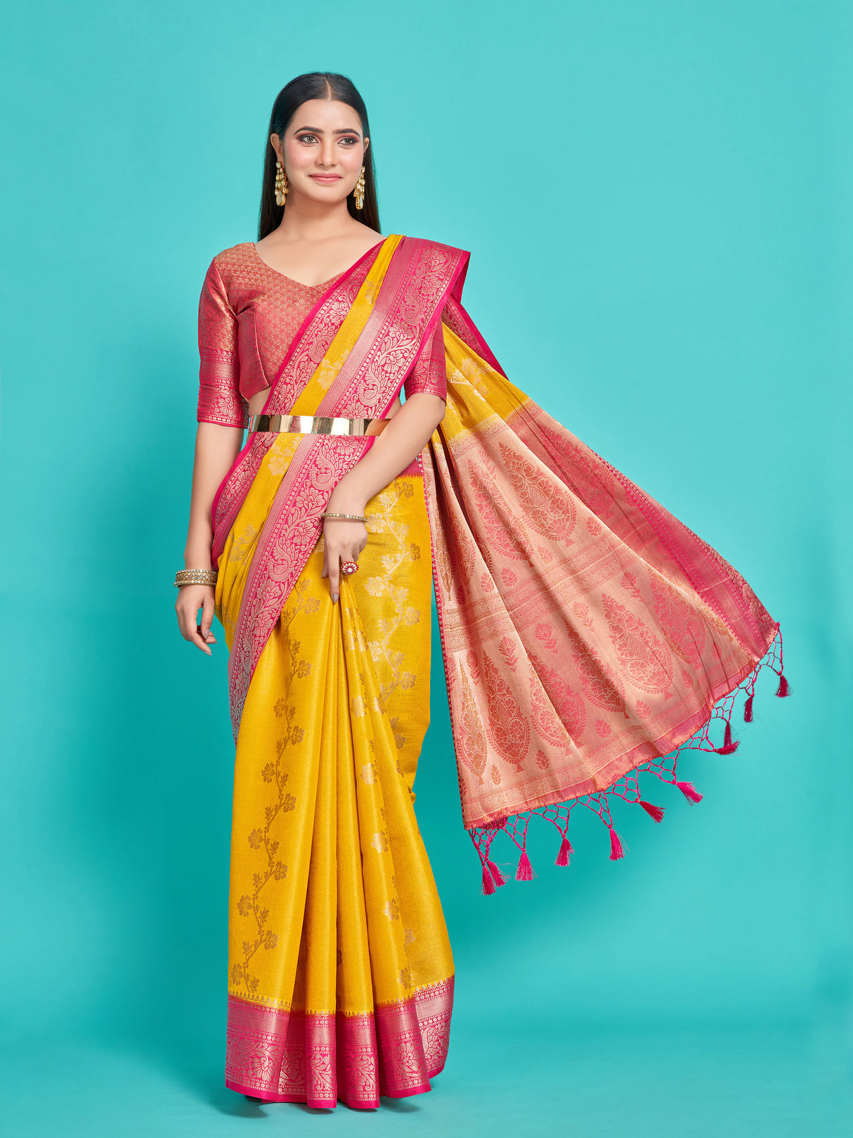 Mimosa Women's Woven Design Kanjivaram Style Art Silk Saree With Blouse Piece : SA0000394GDFREE