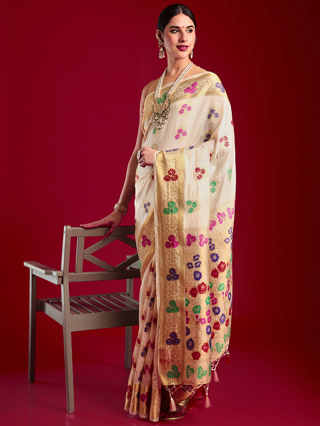 Mimosa Women's Woven Design Kanjivaram Art Silk Saree With Blouse Piece : SA00001186CRFREE