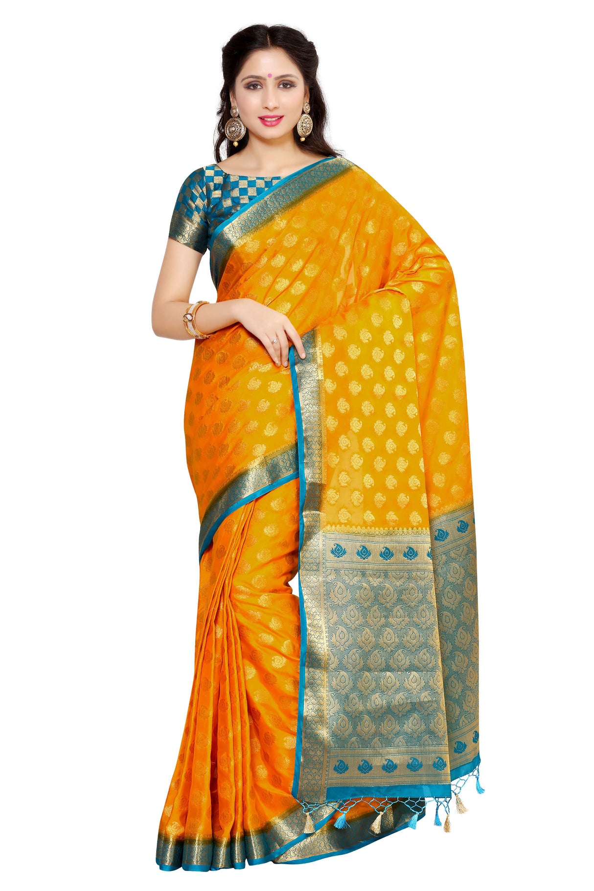 Mimosa Womens Crepe Saree Mysore Silk Gold Color