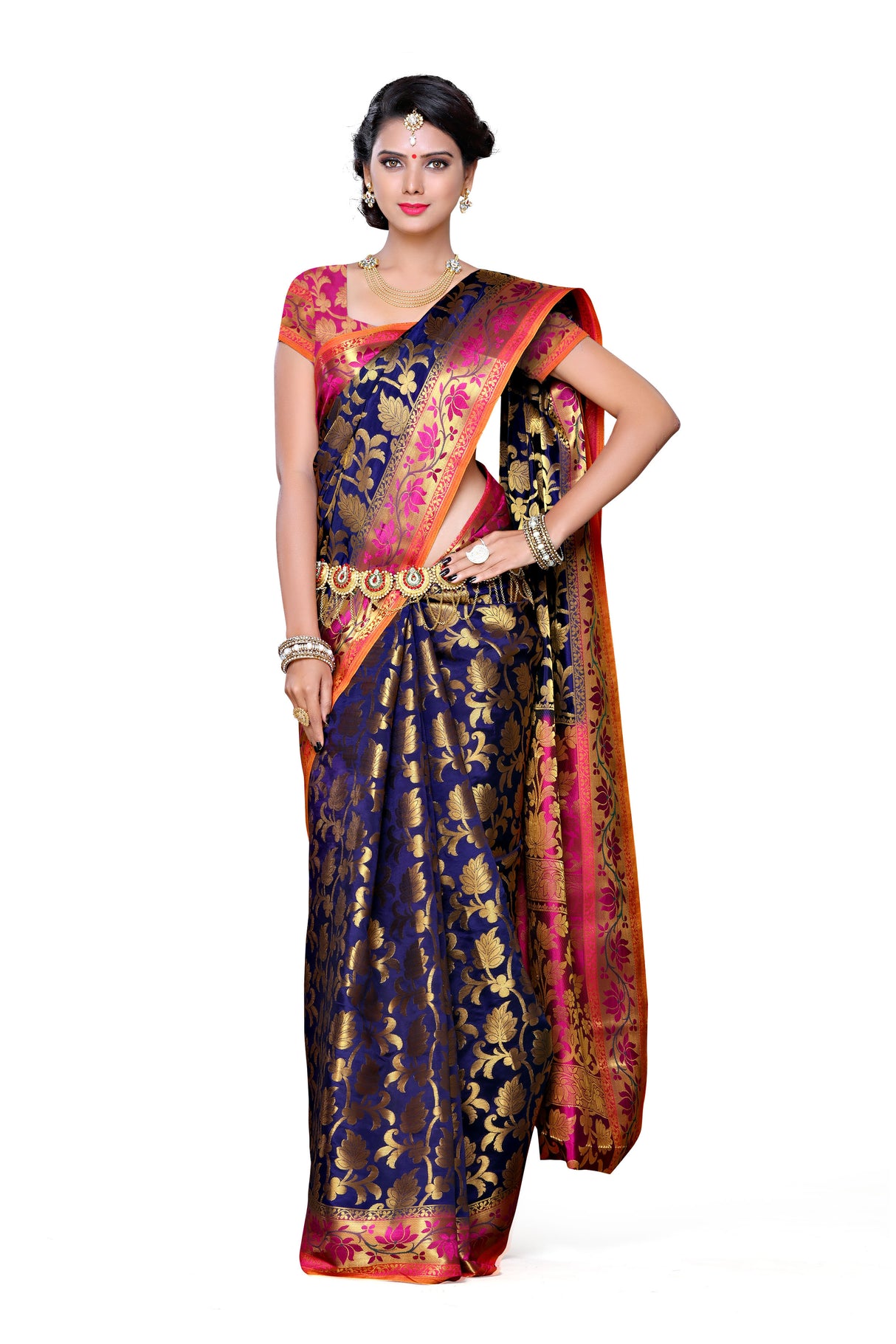 Mimosa Womens Art Silk Saree Kanjivaram Navy Blue Color