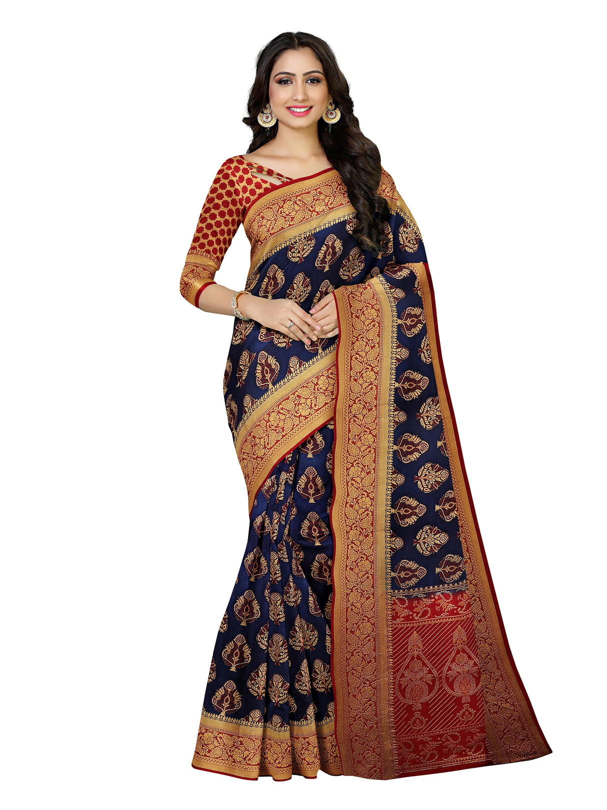 Mimosa Womens Art Silk Saree Patola Navy Blue Color